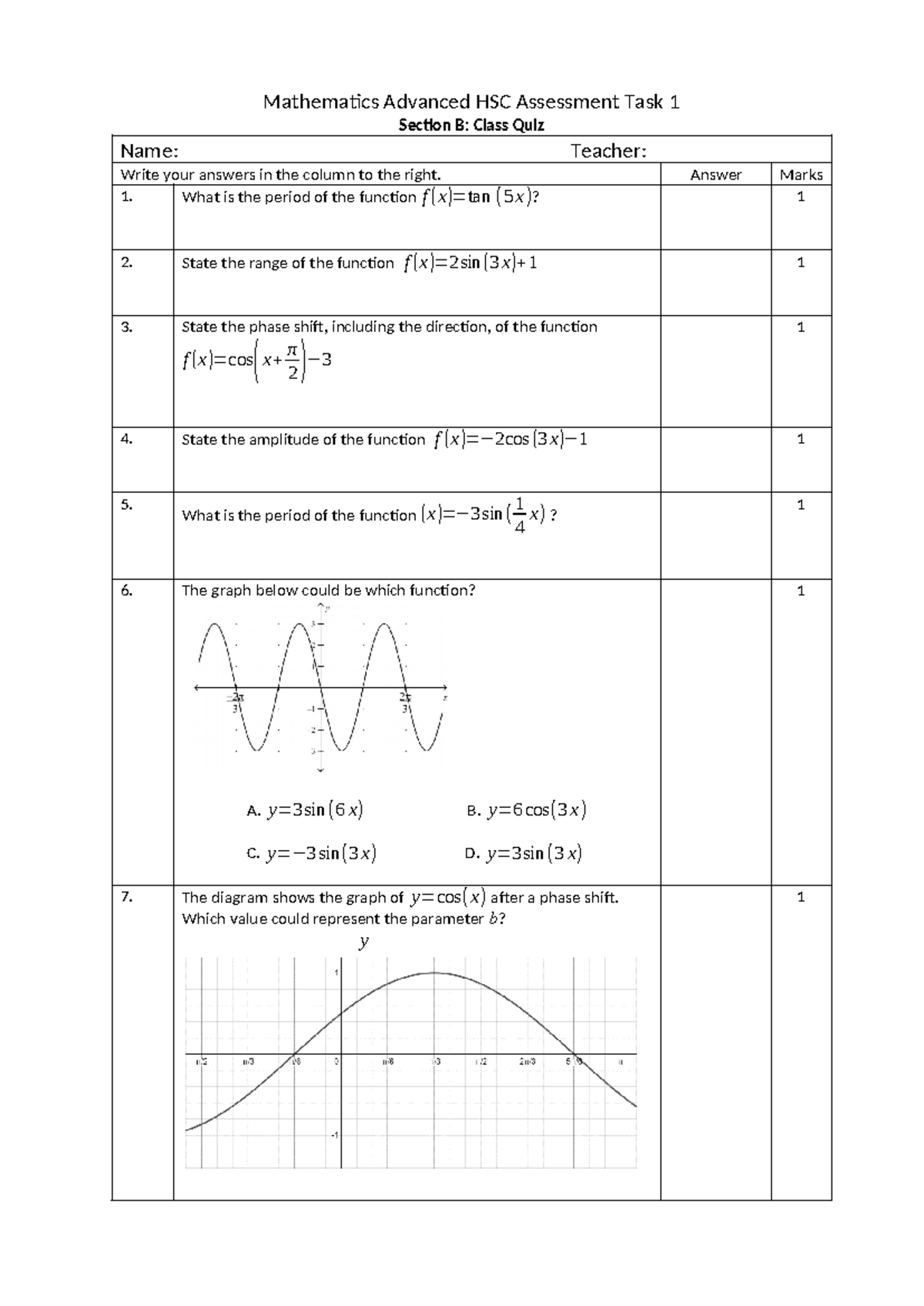 Mathematics practise Quiz - Mathematics Advanced HSC Assessment Task 1 ...