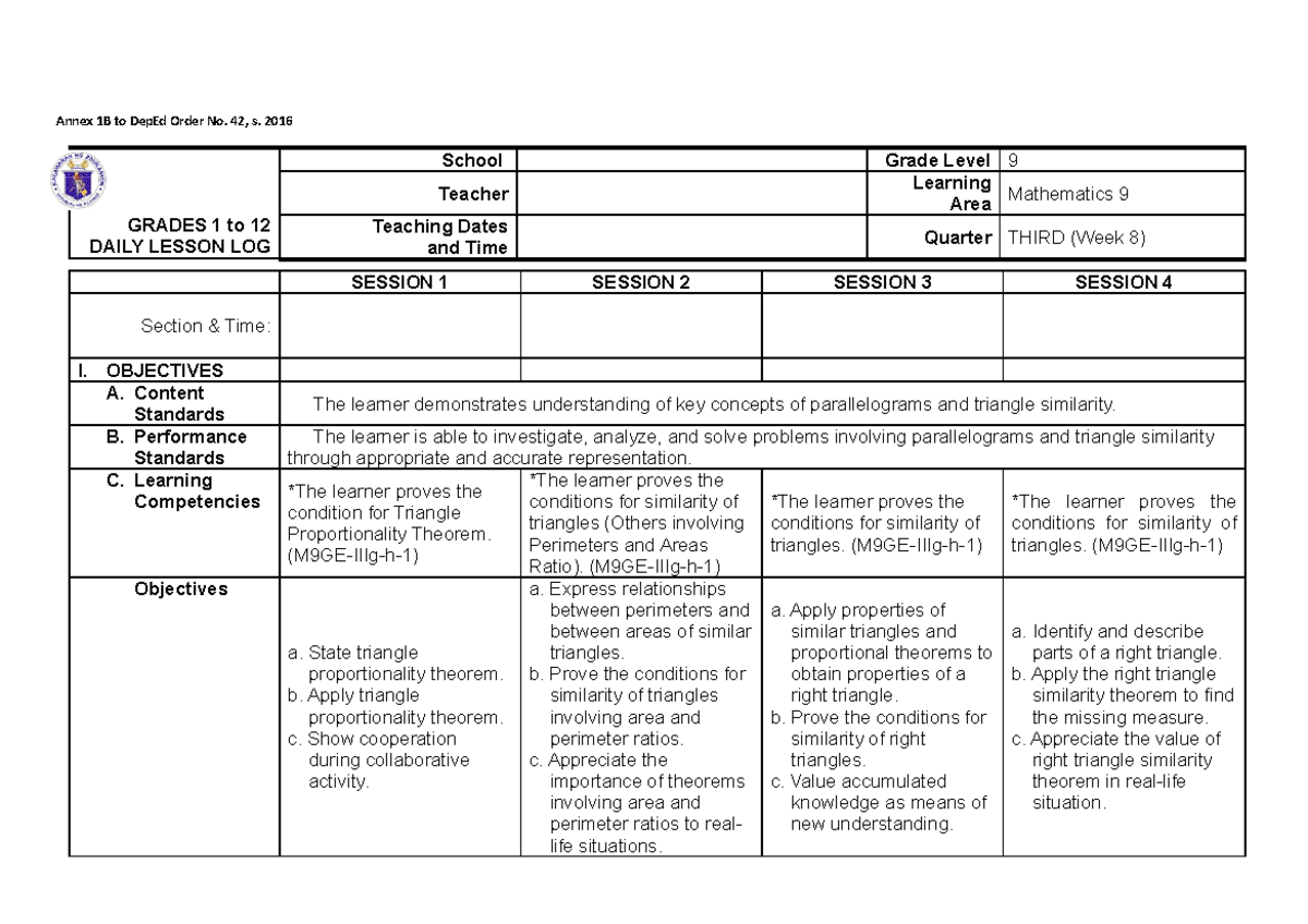 DLL-8th-week 41-51 - Lesson Log for Grade 9 Mathematics Quarter 3. It ...