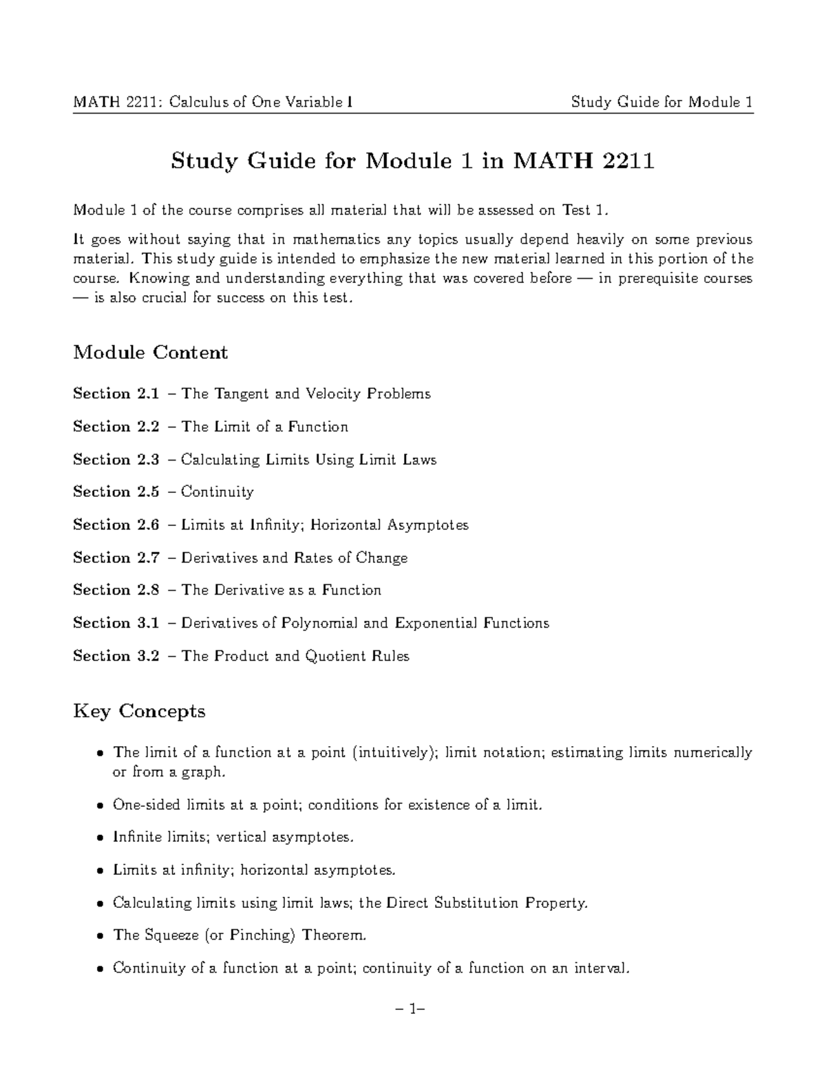 4 modules formula sheet - Study Guide for Module 1 in MATH 2211 Module ...