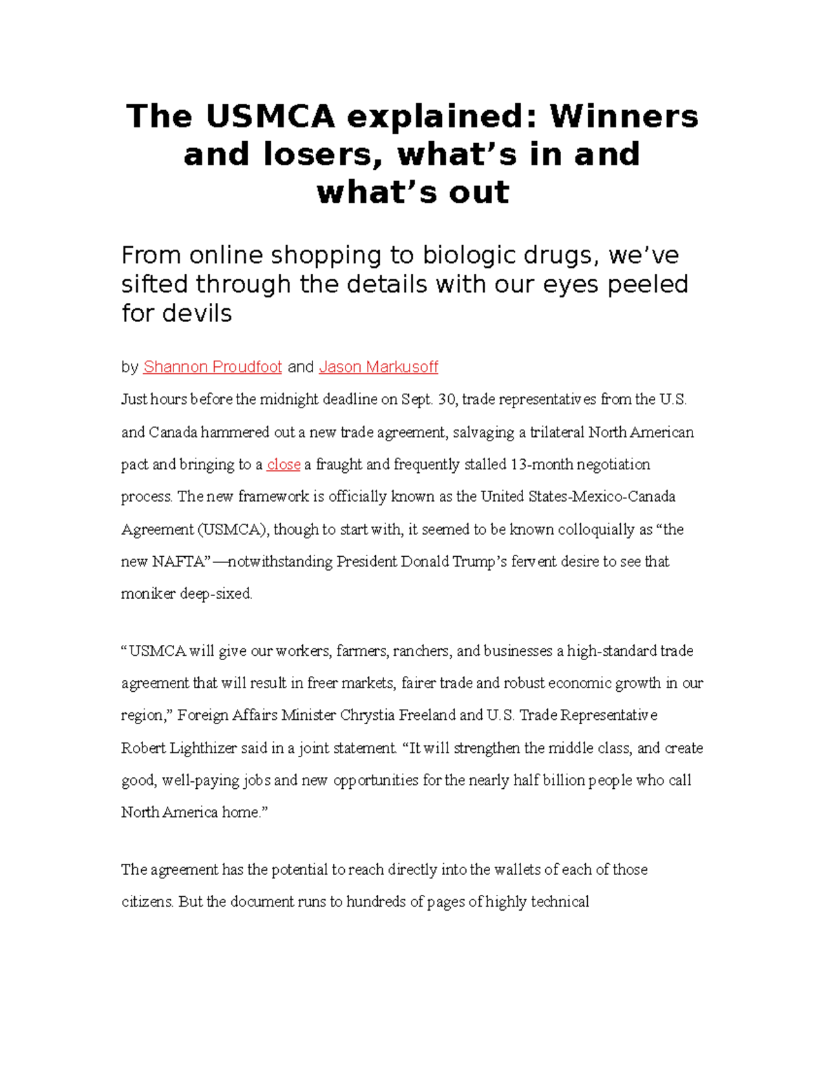 The Usmca explained The USMCA explained Winners and losers, what’s