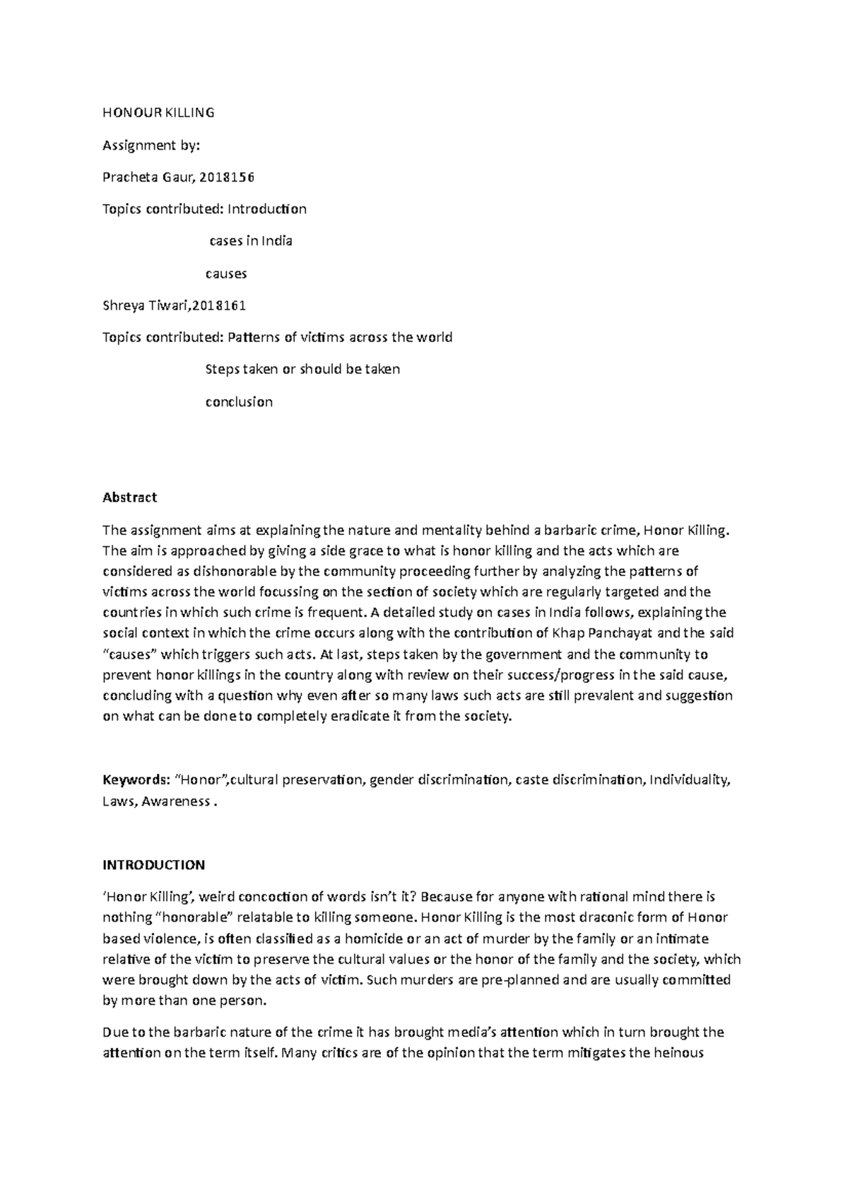 Honor Killing, Assignment by Pracheta Gaur and Shreya Tiwari1 HONOUR