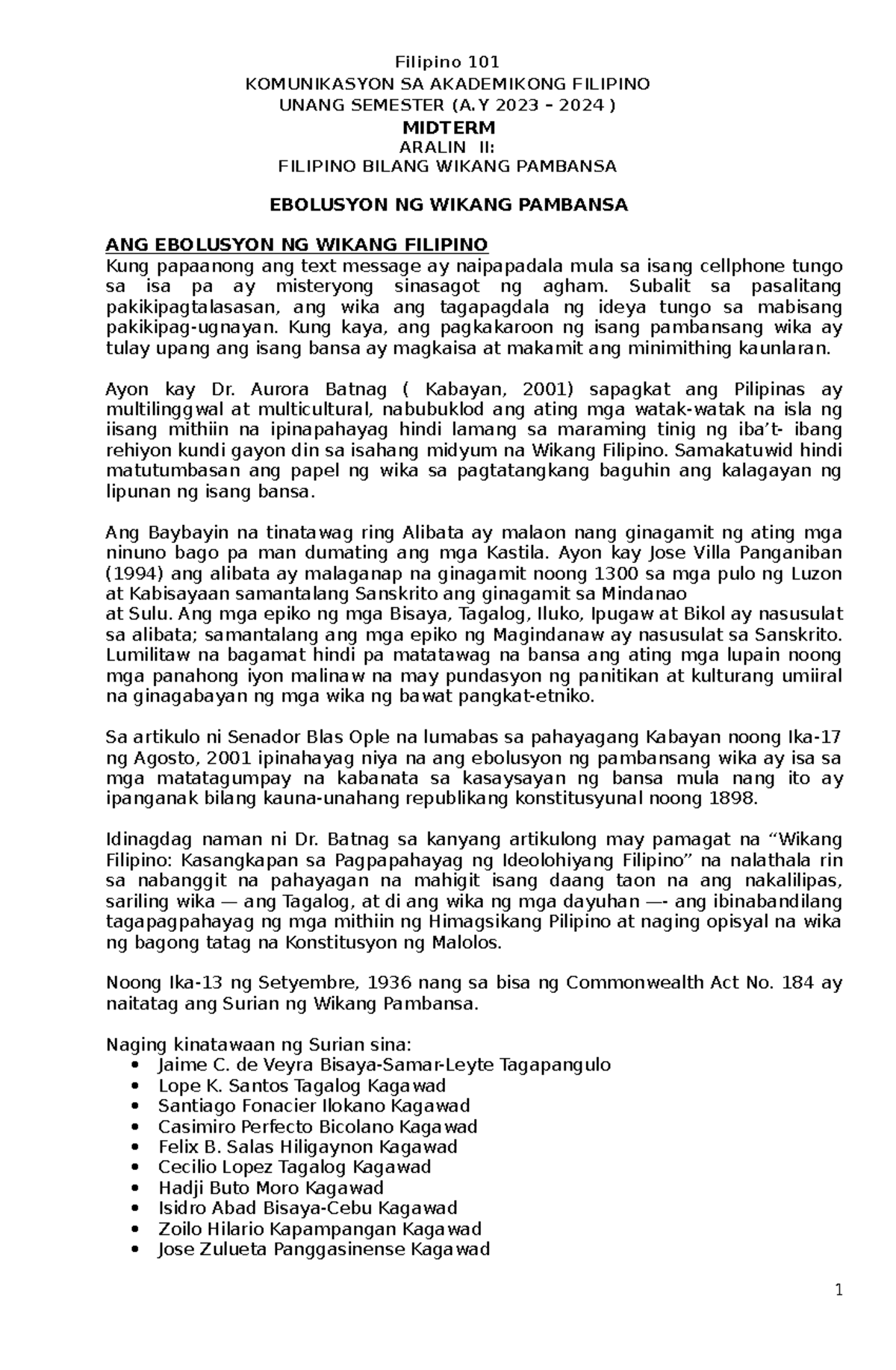 Students Filipino 101 midterm Ebolusyon ng wika - Filipino 101 ...
