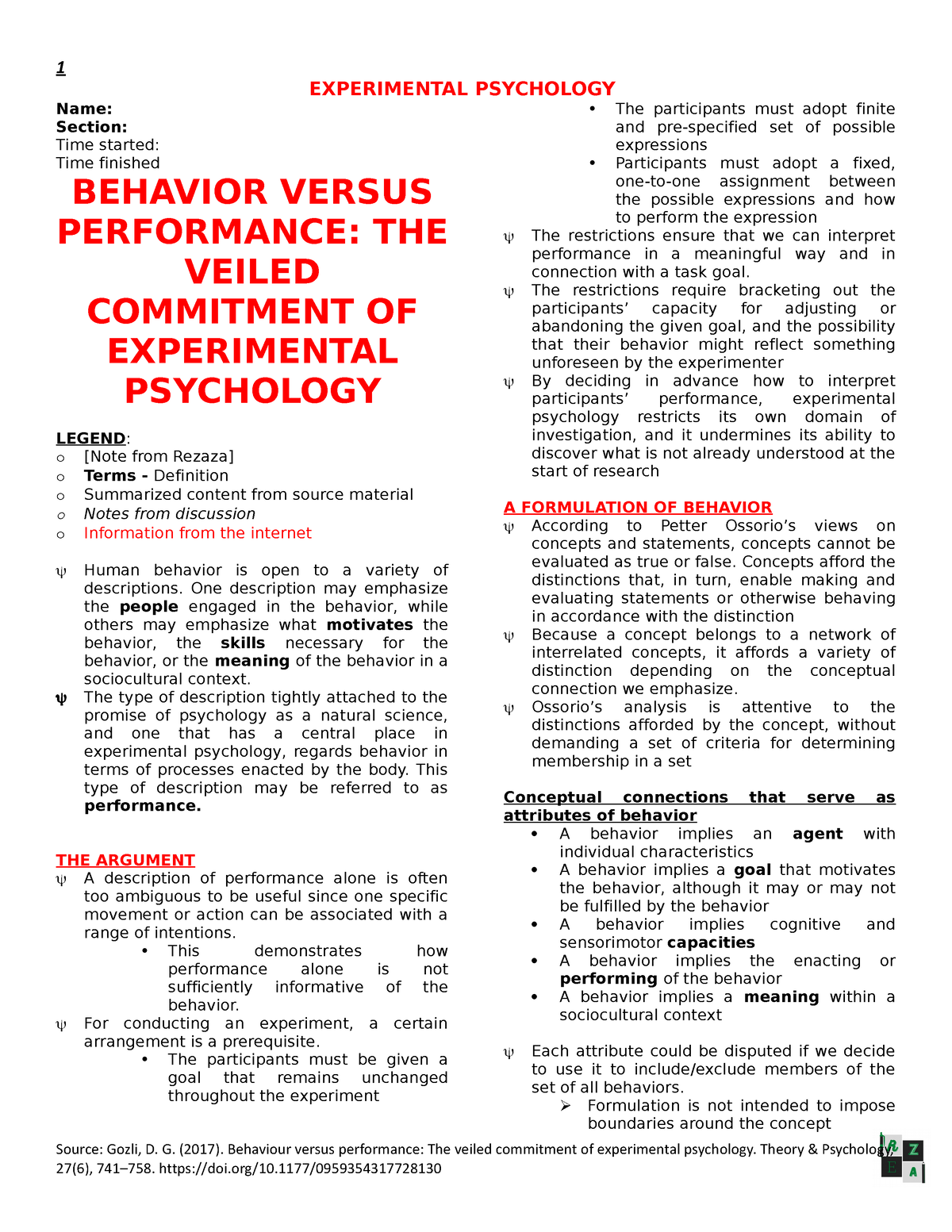 Experimental Psychology Lesson 5 Reading 3 - Behavior Versus ...