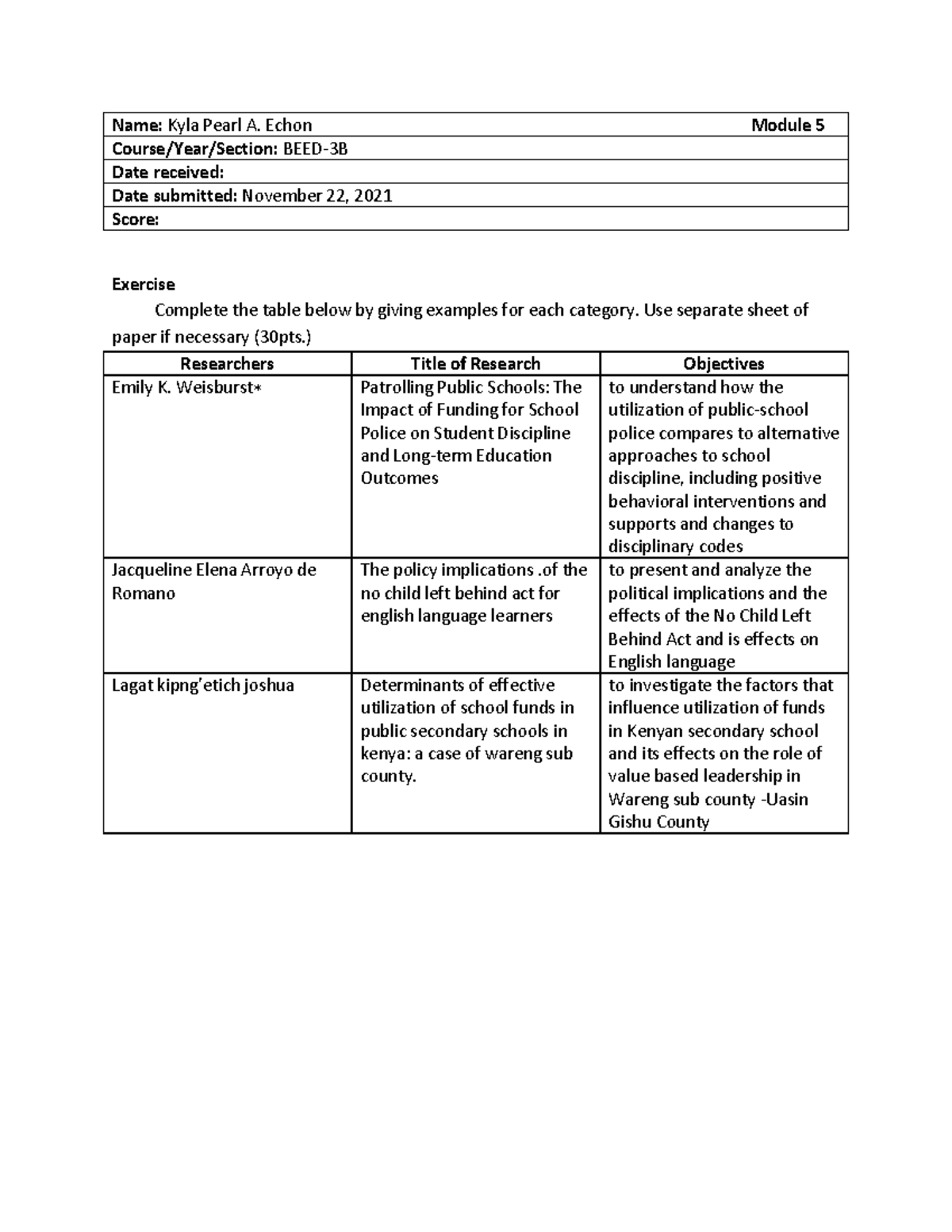 Activity (Module 5) Name Kyla Pearl A. Echon Module 5 Course/Year