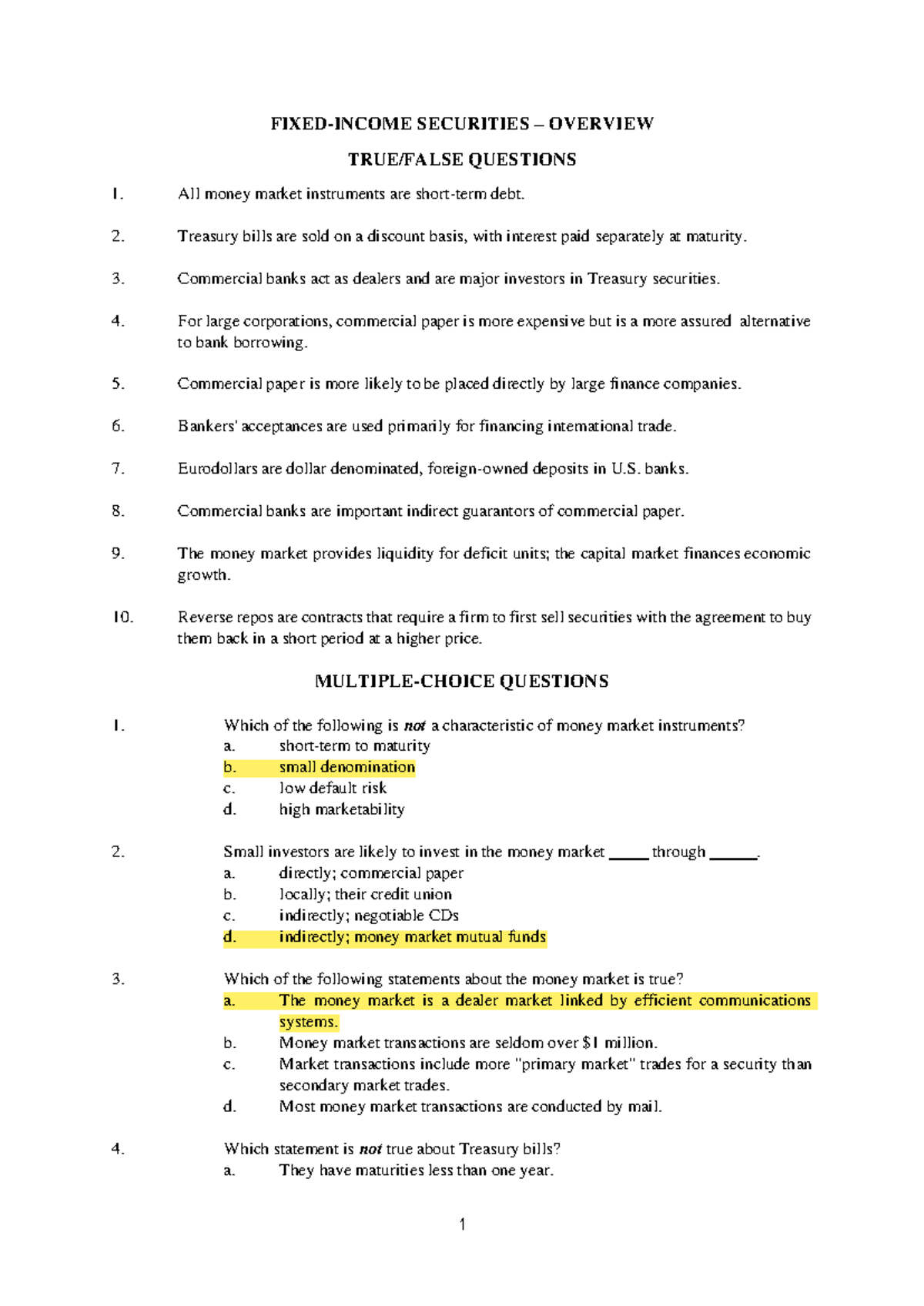 Chapter 3 - exercise - FIXED-INCOME SECURITIES – OVERVIEW TRUE/FALSE ...