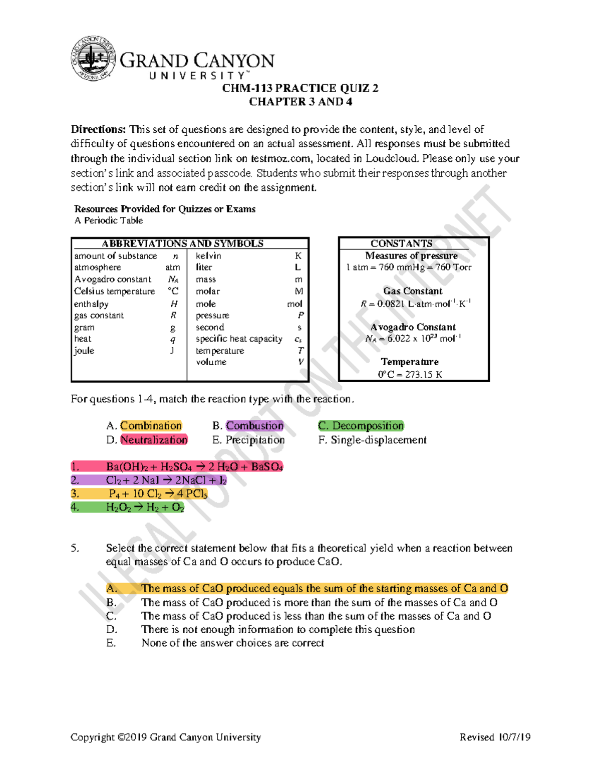 CHM113 PQ2 Ch3and4 - Practice Quiz - CHM-113 PRACTICE QUIZ 2 CHAPTER 3 ...