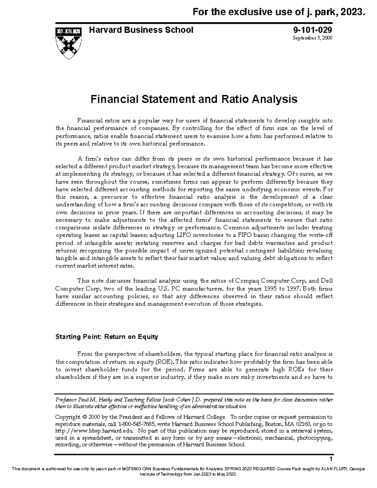 Financial Statement and Ratio Analysis - Harvard Business School 9-101 ...