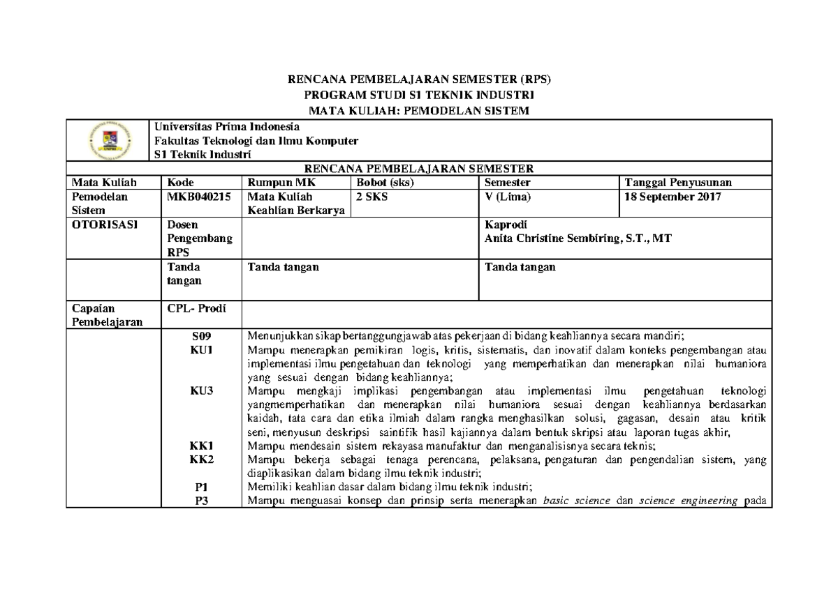 RENCANA PEMBELAJARAN SEMESTER (RPS) PEMODELAN SISTEM - RENCANA ...