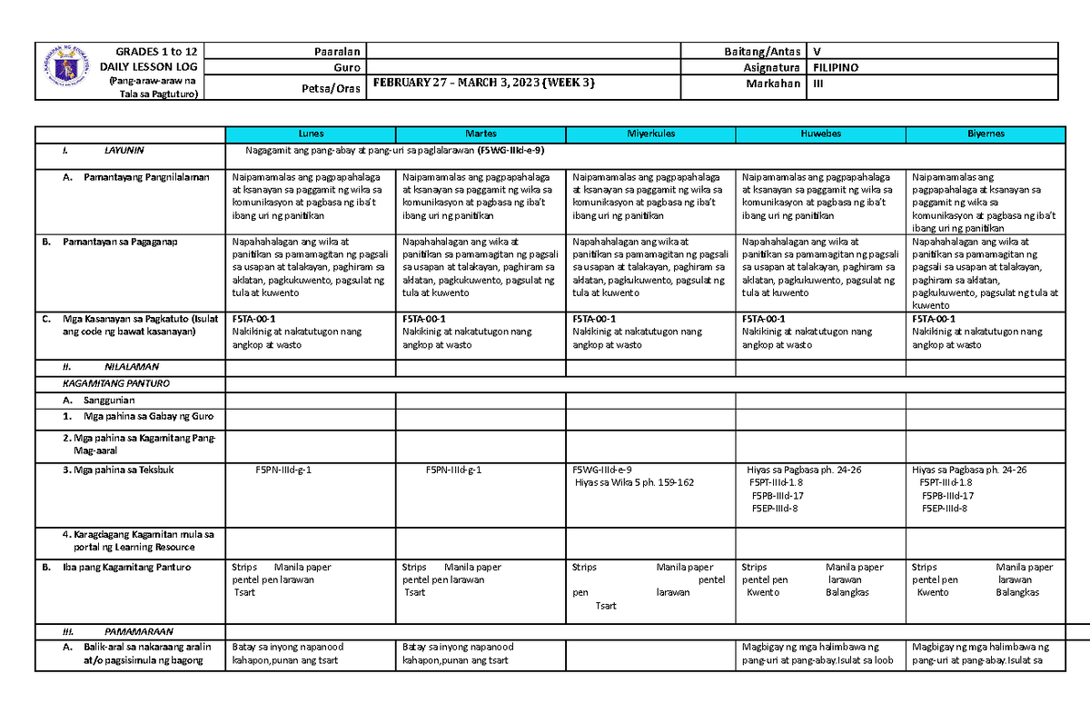 Grade 5 DLL Filipino 5 Q3 Week GRADES 1 to 12 DAILY LESSON LOG (Pang