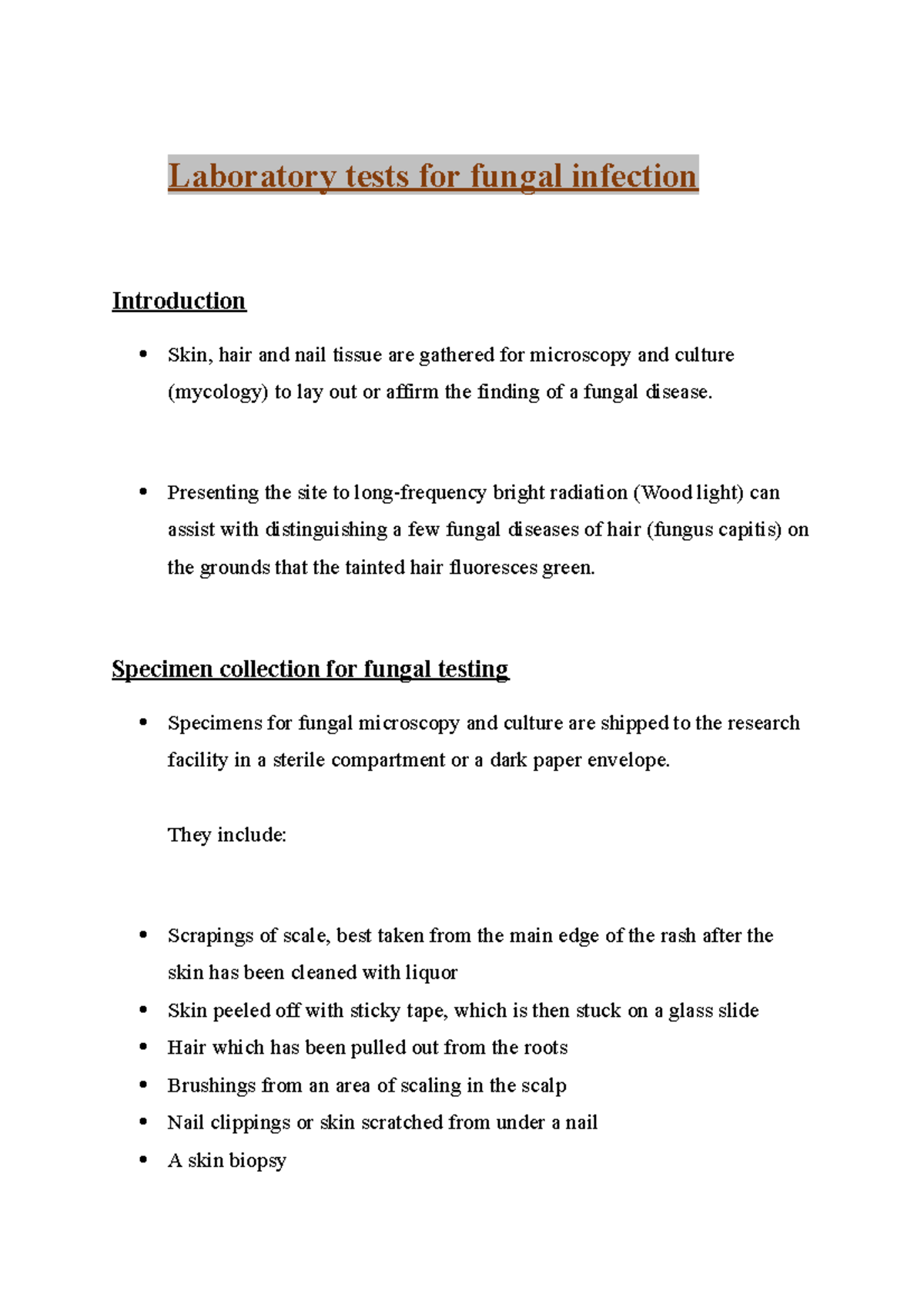 Laboratory tests for fungal infection Laboratory tests for fungal