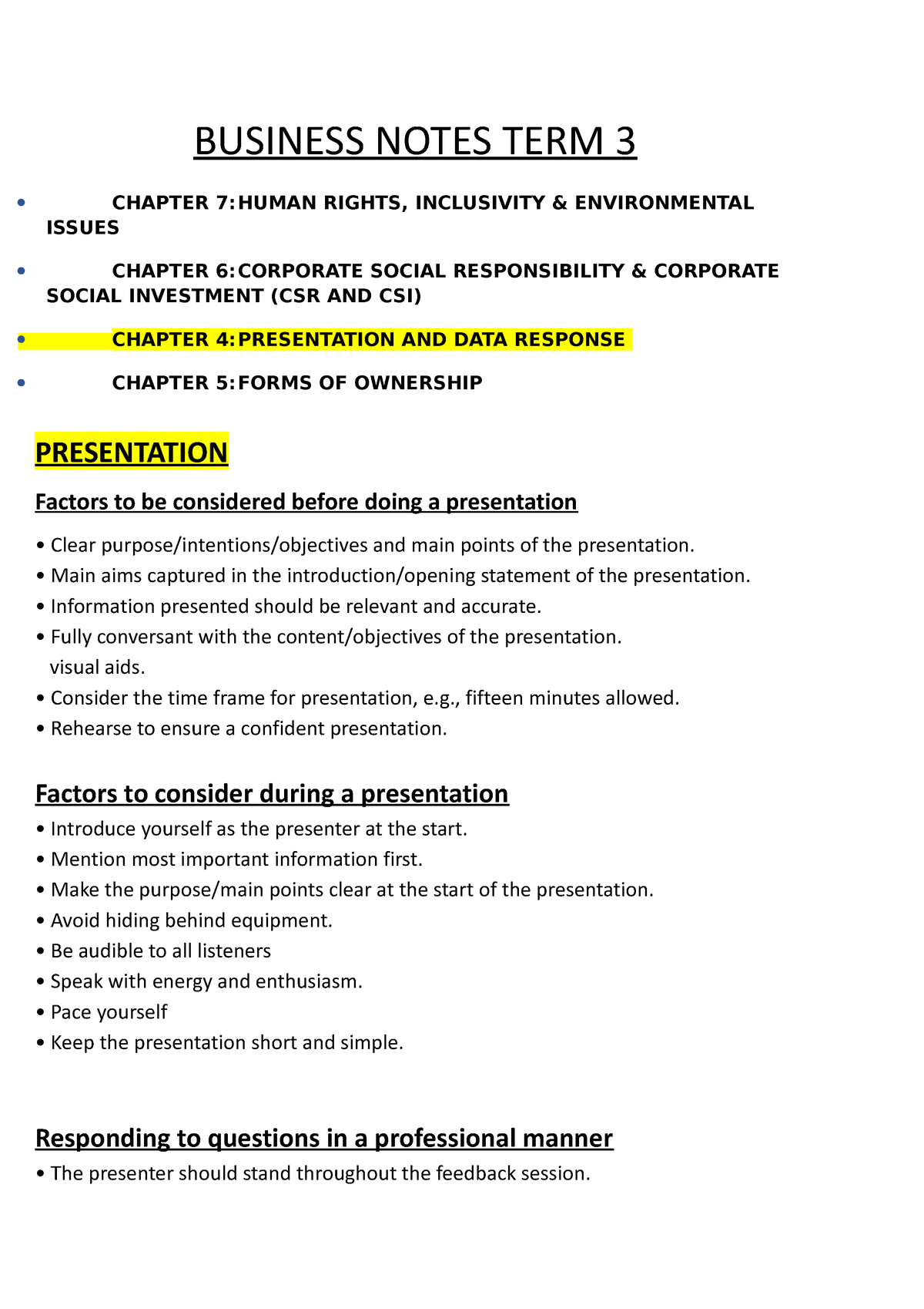 business studies notes on presentation and data response