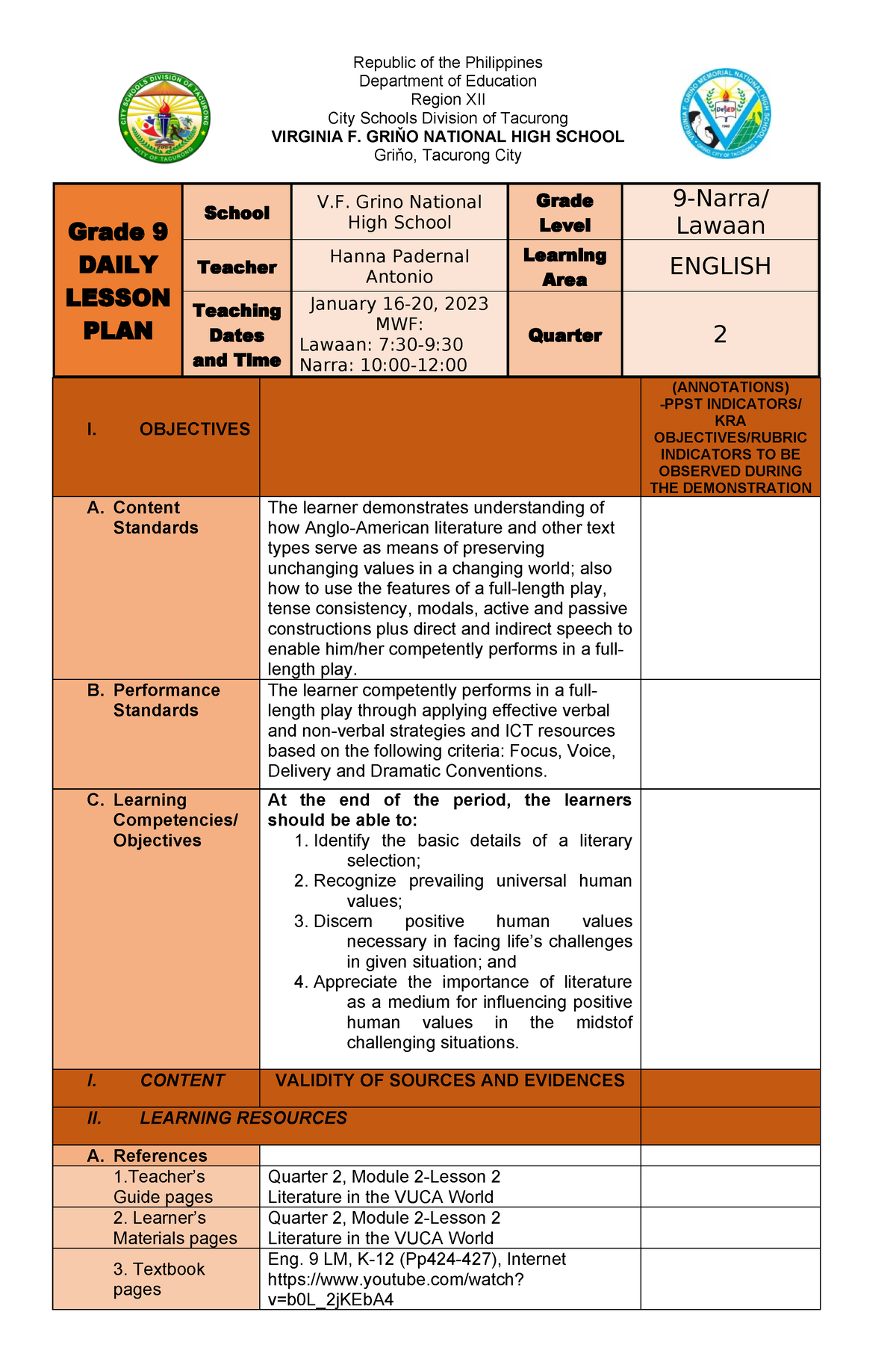 Quarter 2 Module 2 Lesson 2 DLP - Republic Of The Philippines ...