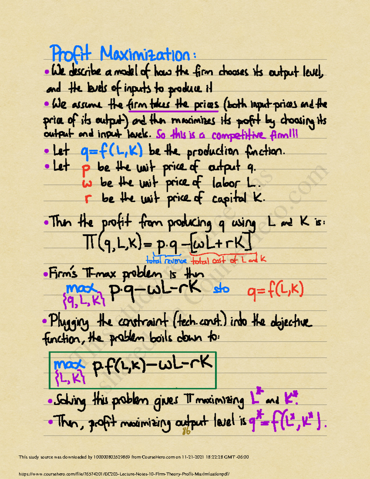 EC203 Lecture Notes 10 Firm Theory Profit Maximization - Microeconomics ...