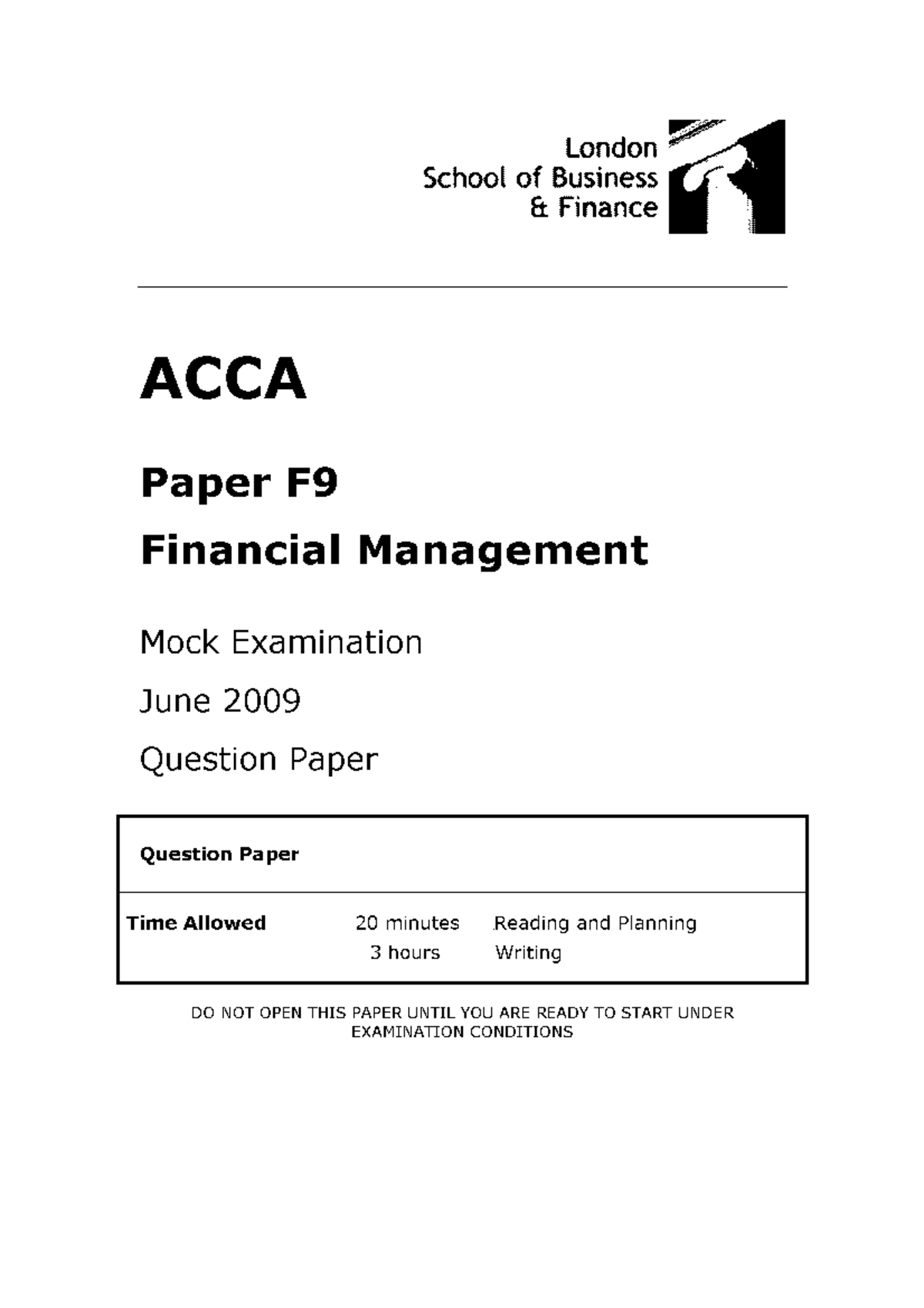 ACCA Paper F9 Financial Management FInal Mock Examination ACCA F9 MOCK ...