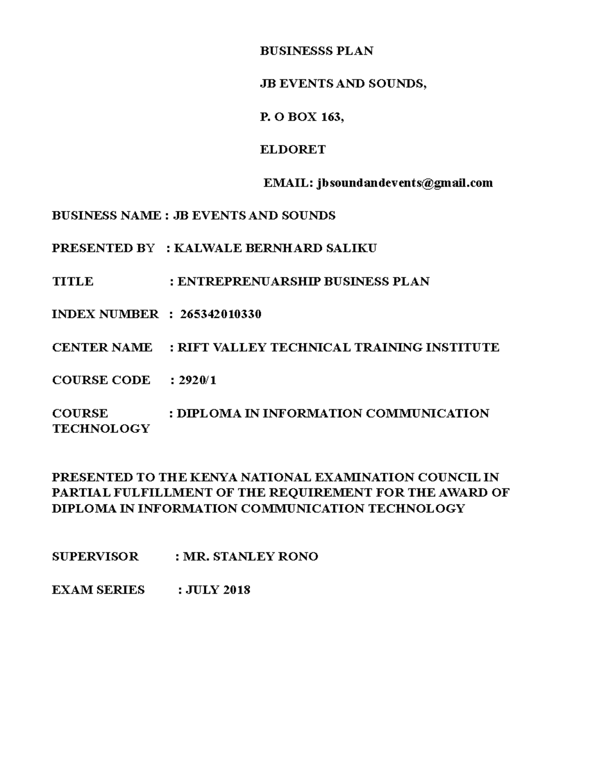 Businesss PLAN Bernhard Kalwale BUSINESSS PLAN JB EVENTS AND SOUNDS