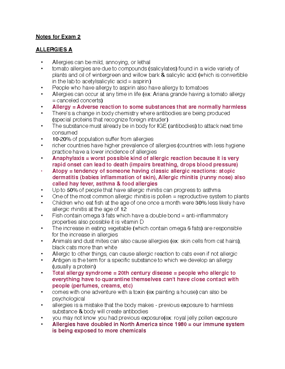 Midterm - Notes - Notes for Exam 2 ALLERGIES A Allergies can be mild ...