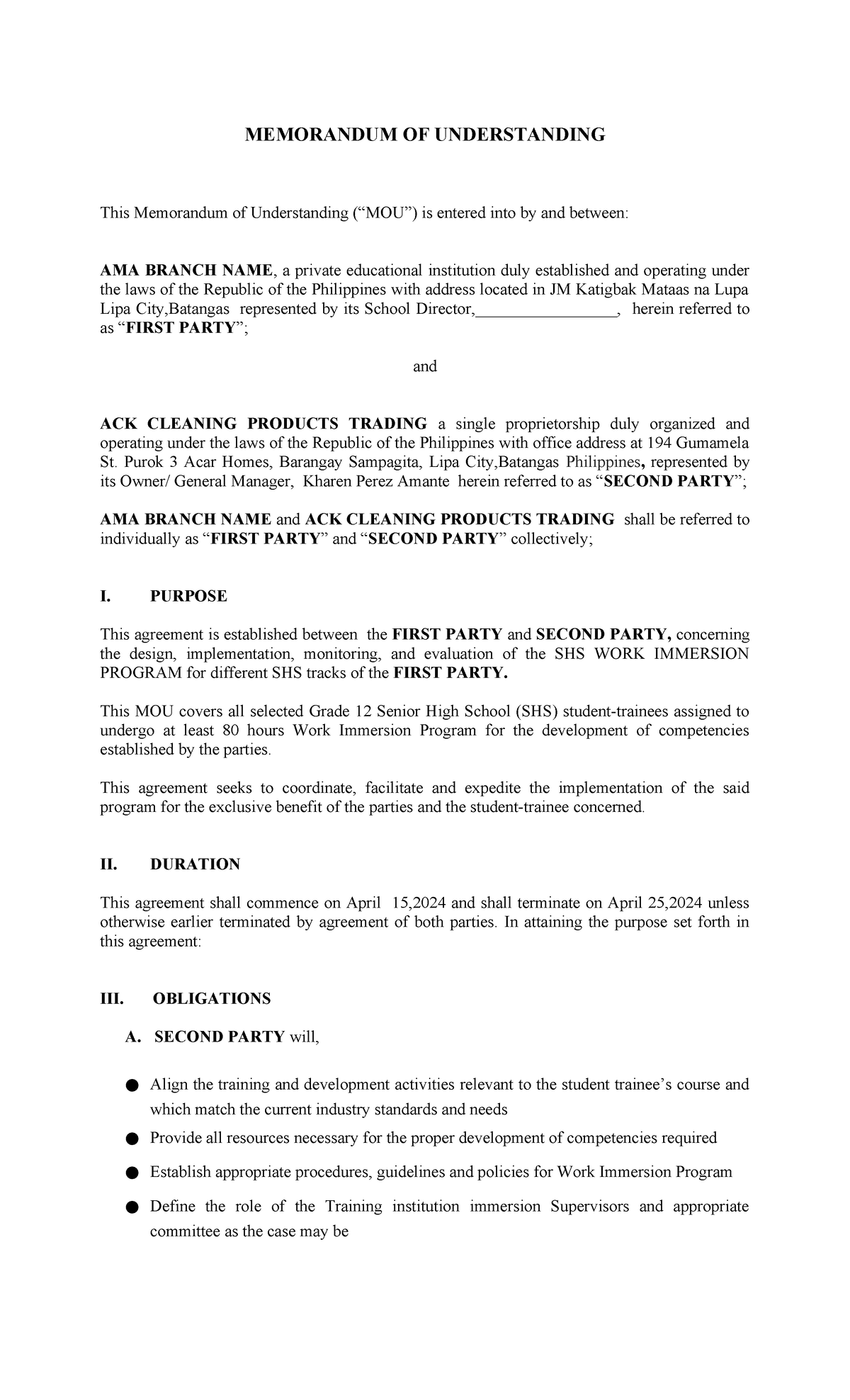 Shswi MOU Template 2023 - MEMORANDUM OF UNDERSTANDING This Memorandum ...