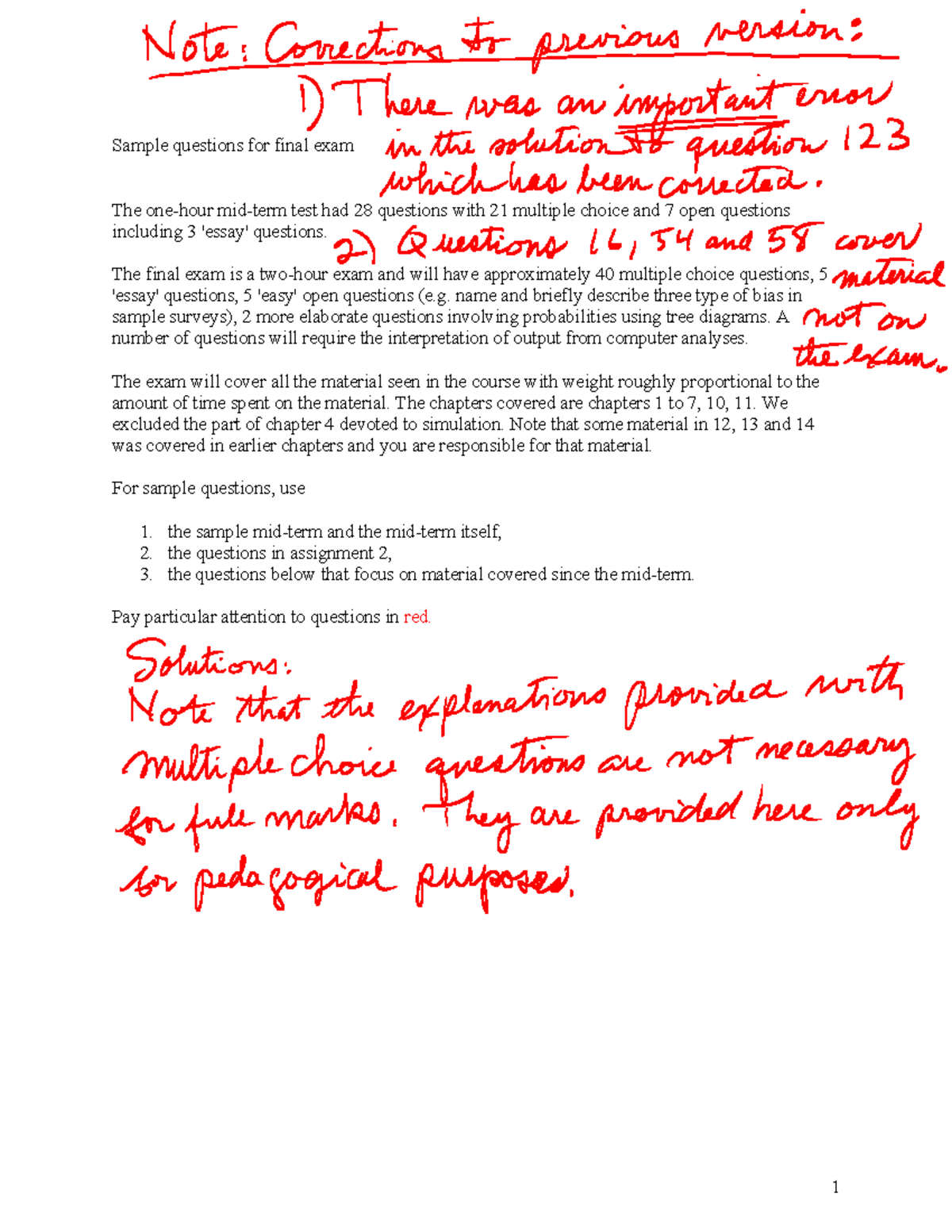 Sample Final with Solutions - Sample questions for final exam The one ...