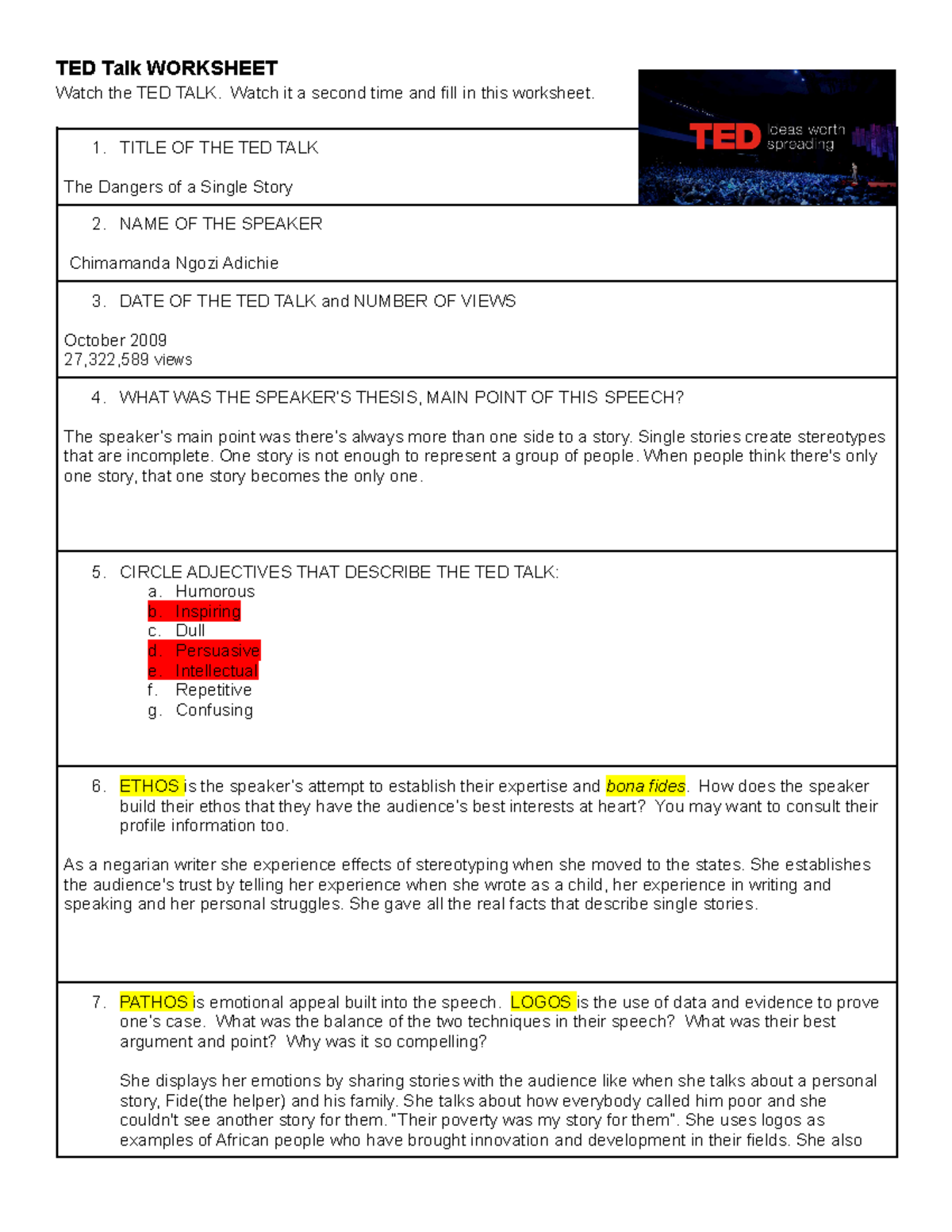 TED Talk Worksheet - Dangers of a Single Story - ENGL1008 - Carleton -  Studocu