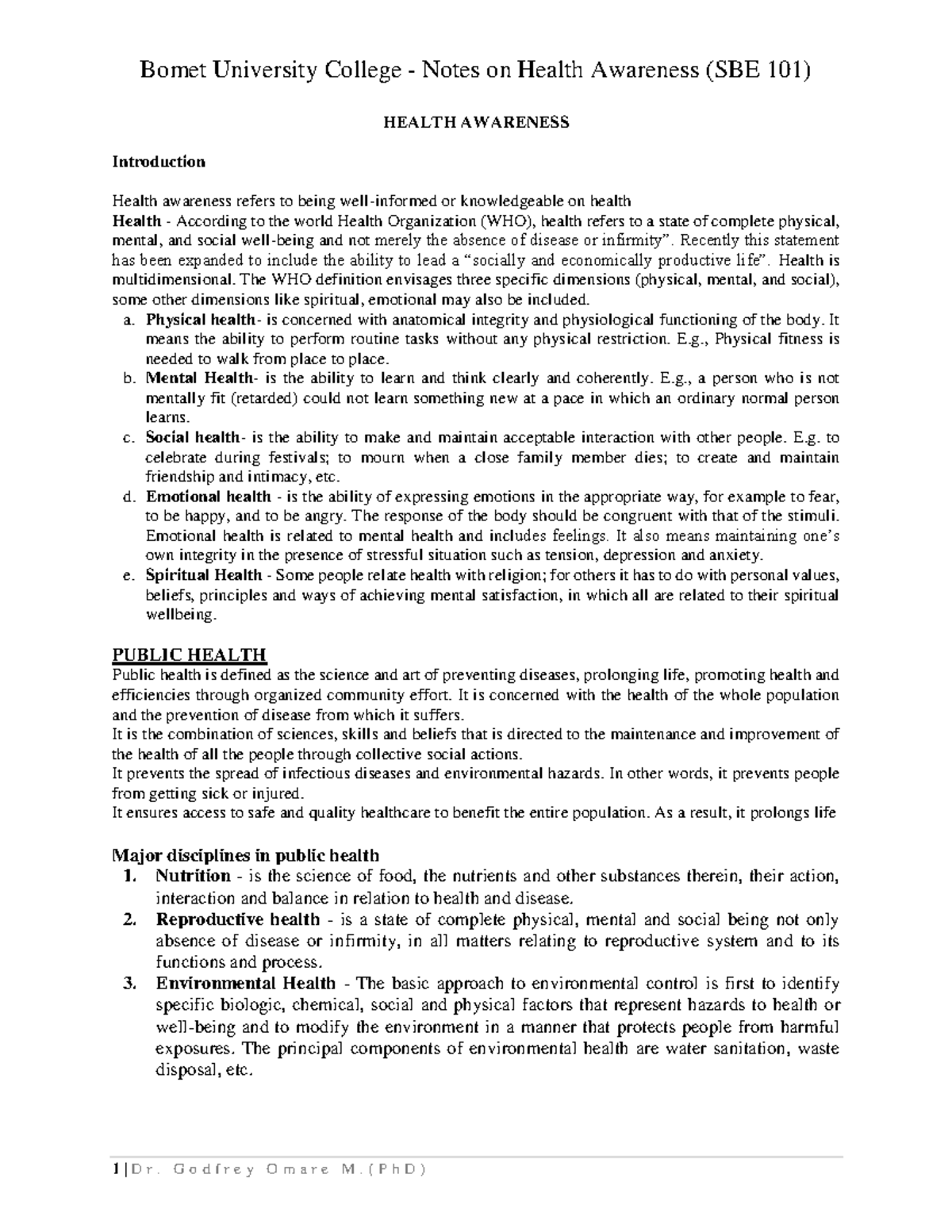 Notes Health Awareness - HEALTH AWARENESS Introduction Health awareness ...