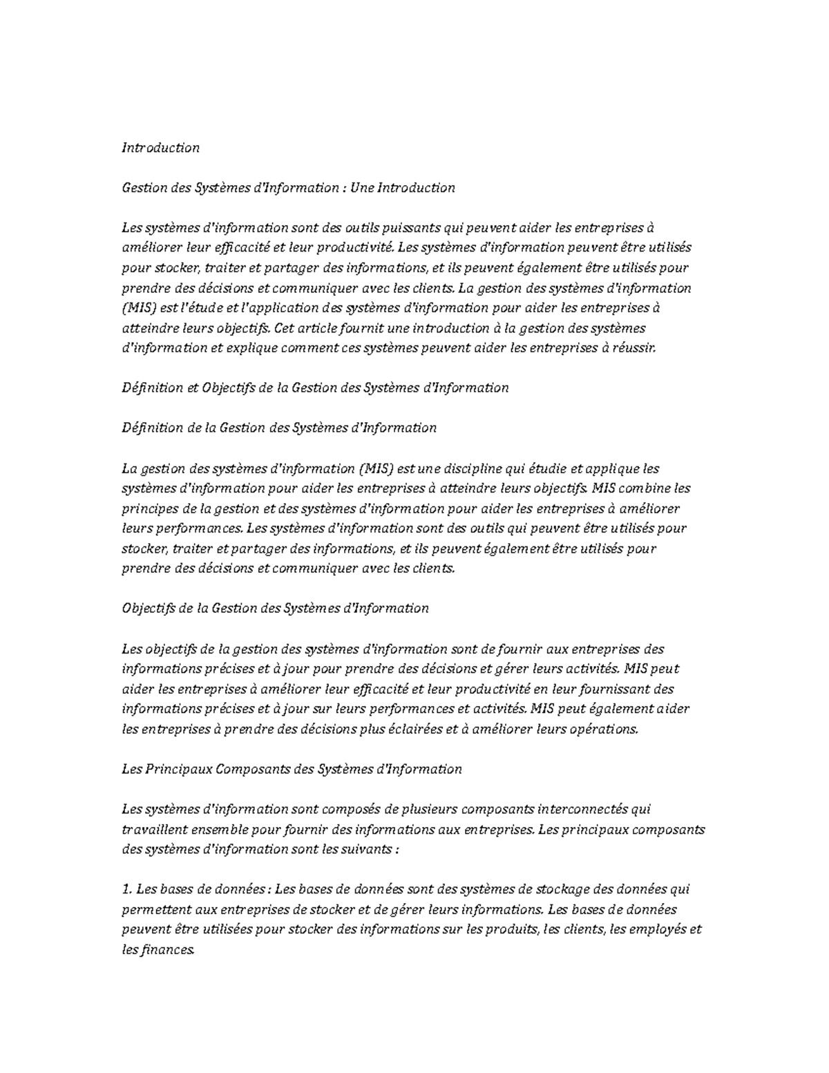 Management Information Systems Study Notes - Introduction Gestion des ...