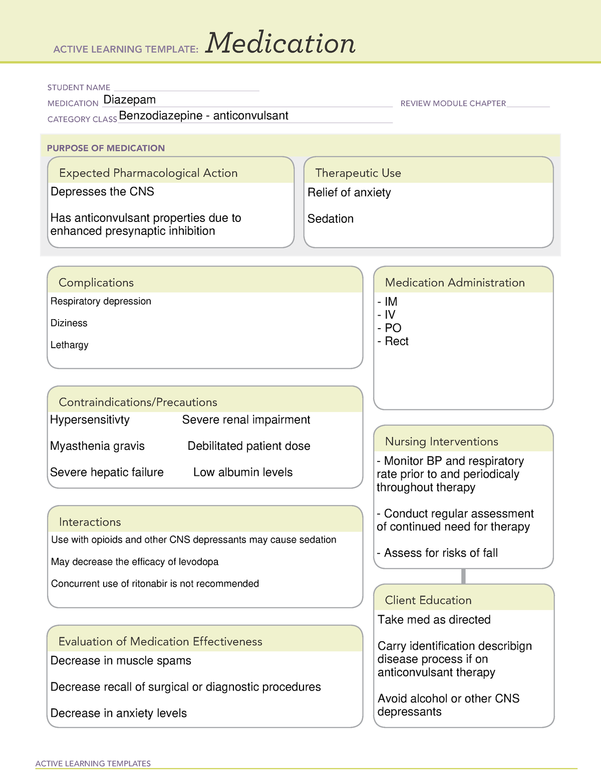 Diazepam ATI medication ACTIVE LEARNING TEMPLATES Medication STUDENT