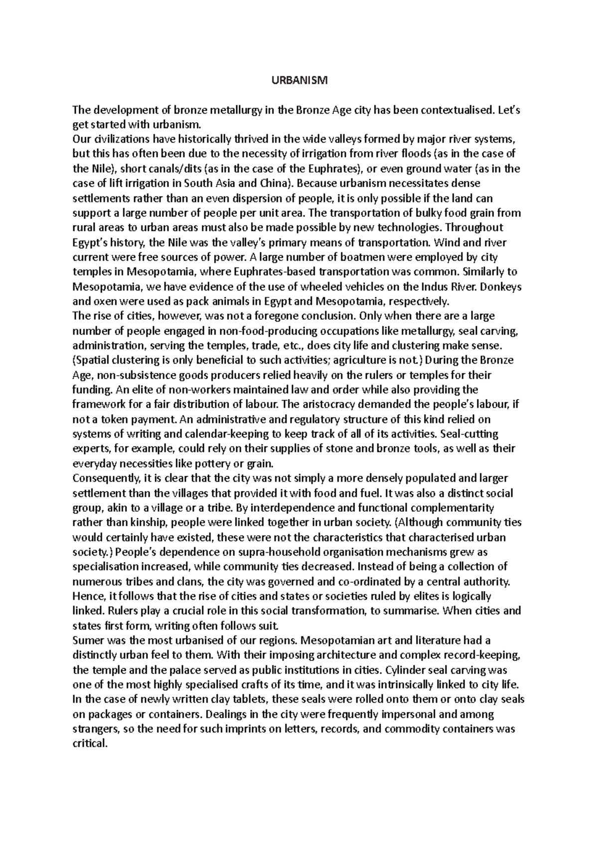 Urbanism 0 URBANISM The Development Of Bronze Metallurgy In The