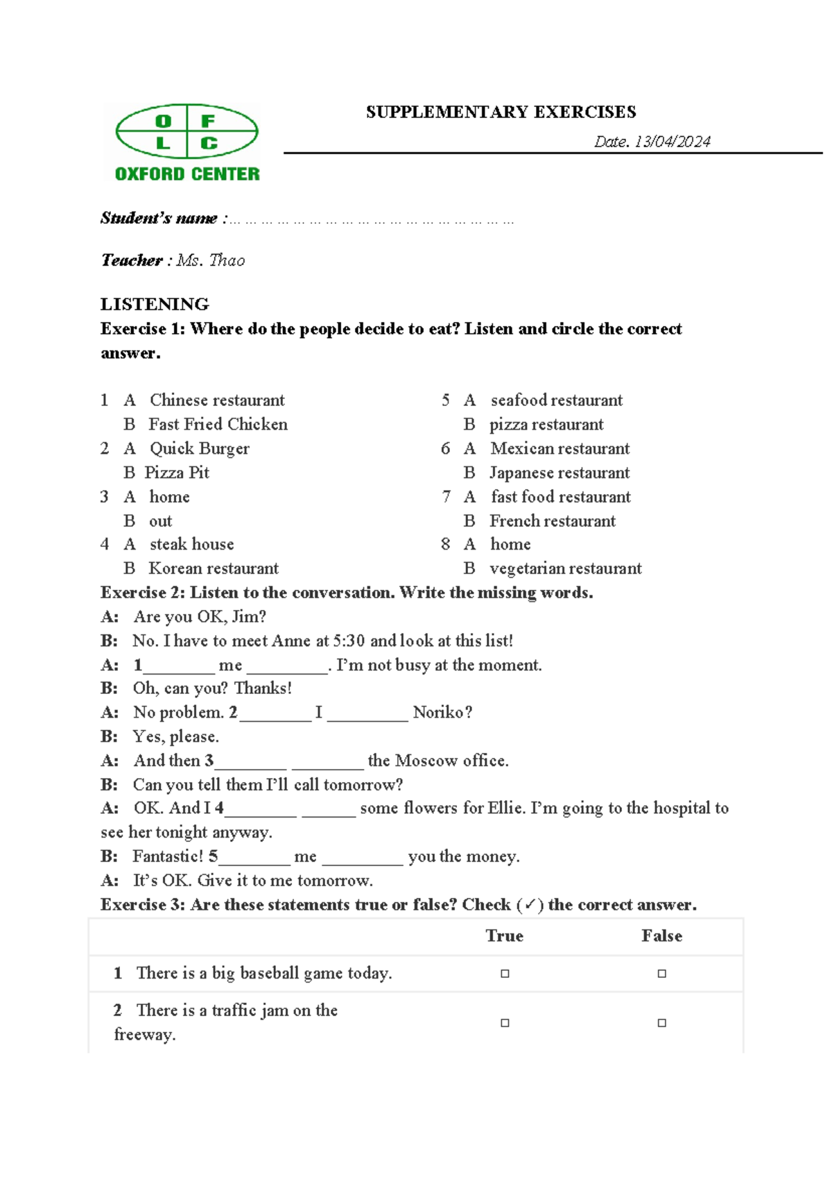 Supplementary Exercises - SUPPLEMENTARY EXERCISES Date. 13/04/ Student ...