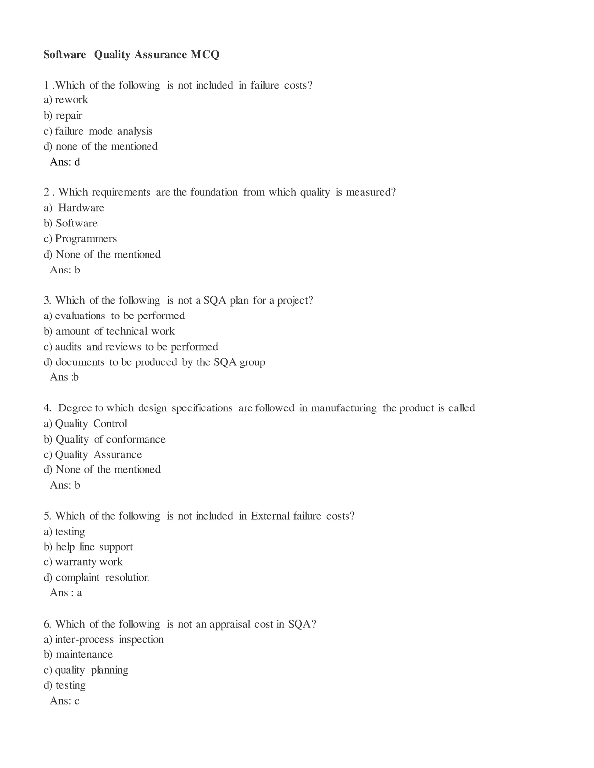 Software Quality Assurance - MCQ pdf - Software Quality As s urance MCQ 1 .Which of the following is - Studocu