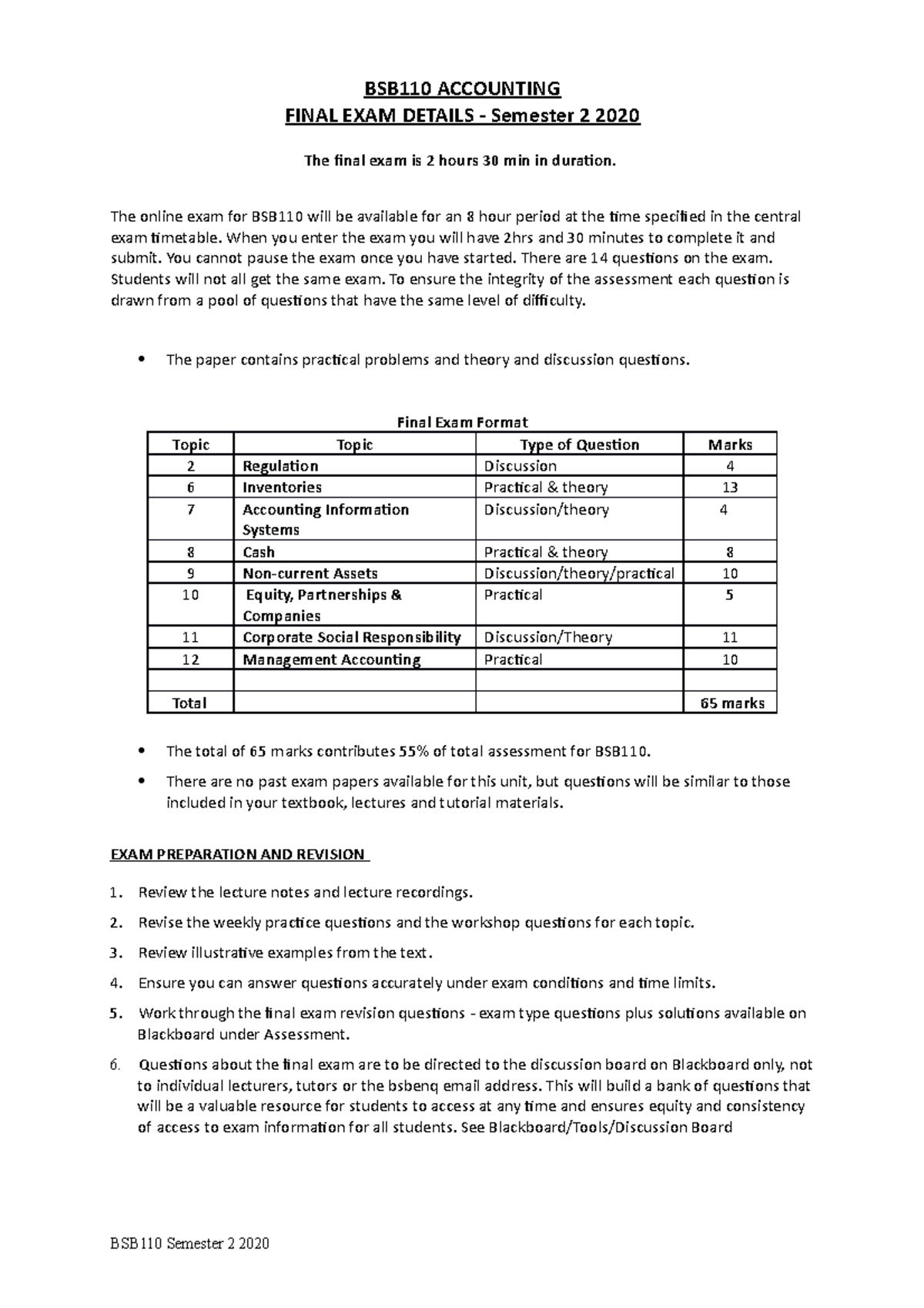 Final Exam Information Sem 2 2020 - BSB110 ACCOUNTING FINAL EXAM ...