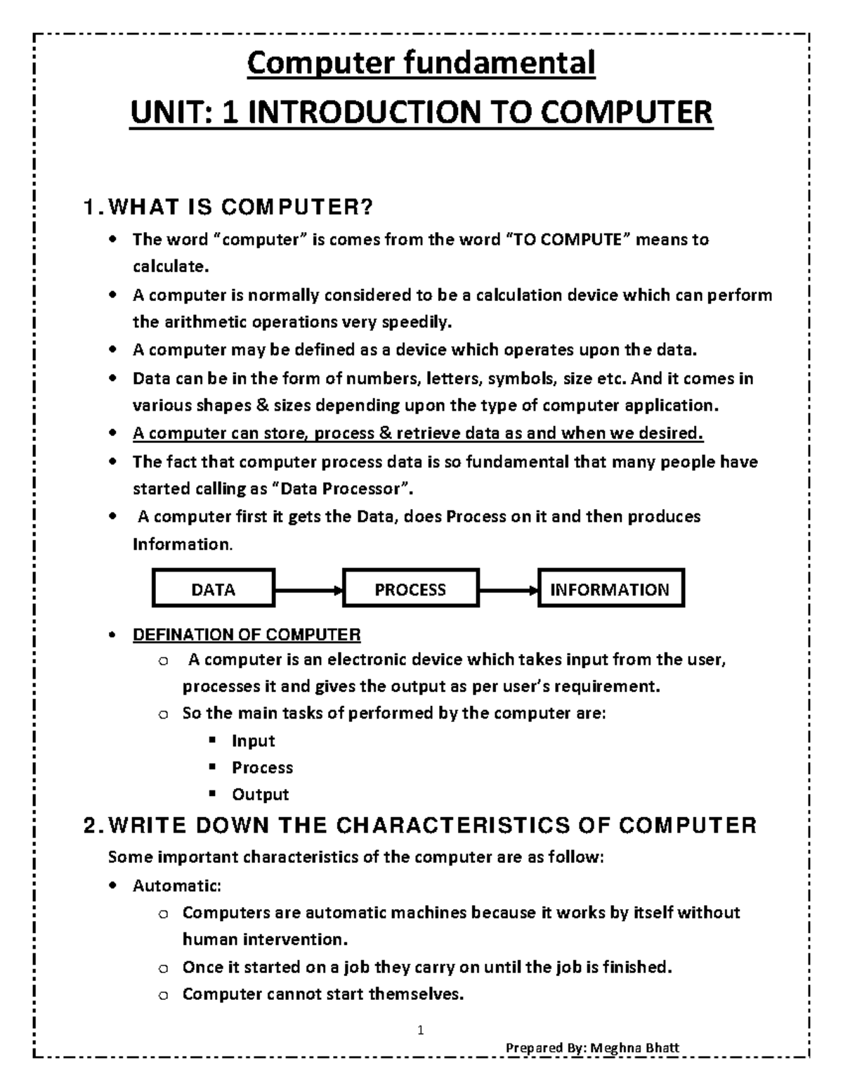 Computer fundamental - Complete lecture notes - 1 Computer fundamental ...
