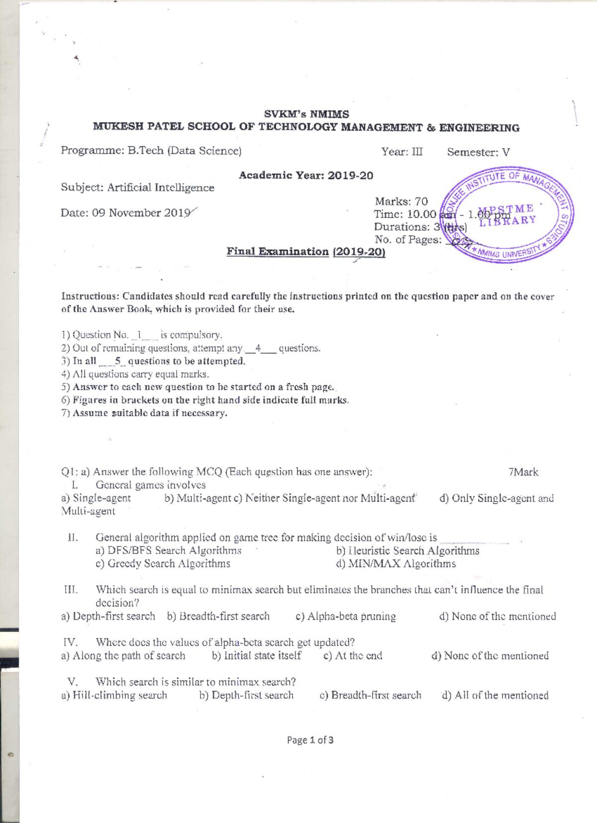 Artificial Intelligence Final EXAM 201920 3Xoj Wv Z 4k2 NMIMS Studocu