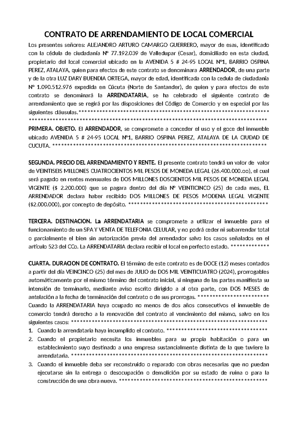 Modelo Contrato de arrendamiento local comercial - CONTRATO DE ...