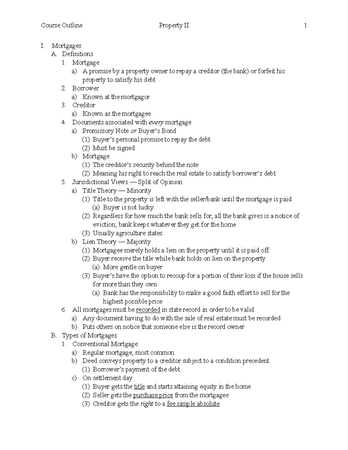 Property II Outline - Mortgages, Real Estate Contract, The Deed ...