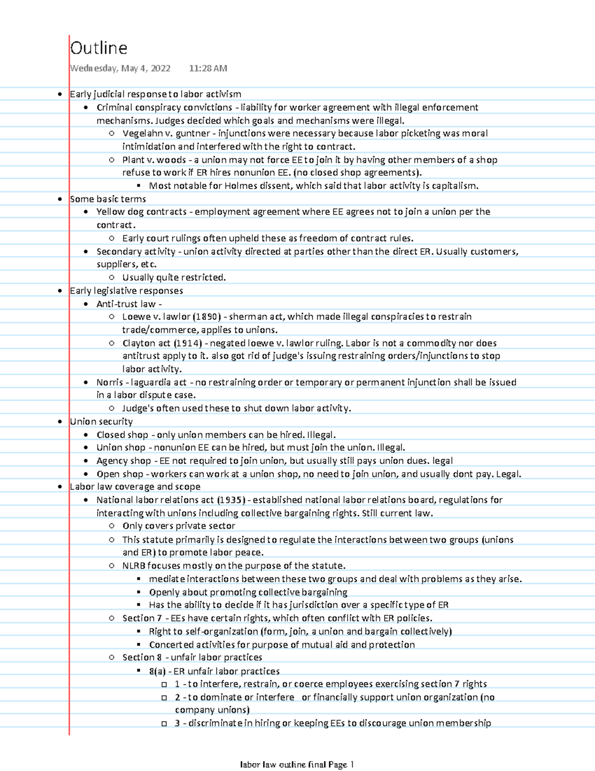 Labor Law Outline Final Early Judicial Response To Labor Activism