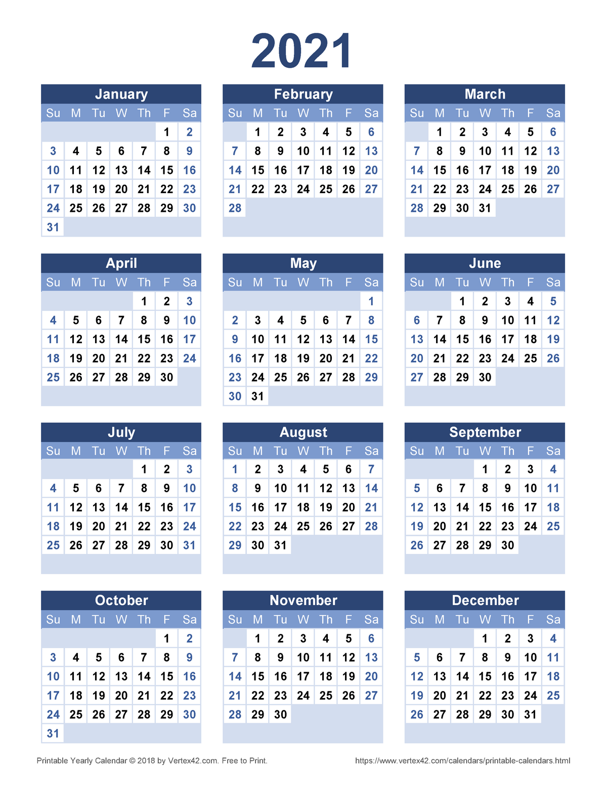 2021 printable yearly calendar - Su M Tu W Th F Sa Su M Tu W Th F Sa Su ...