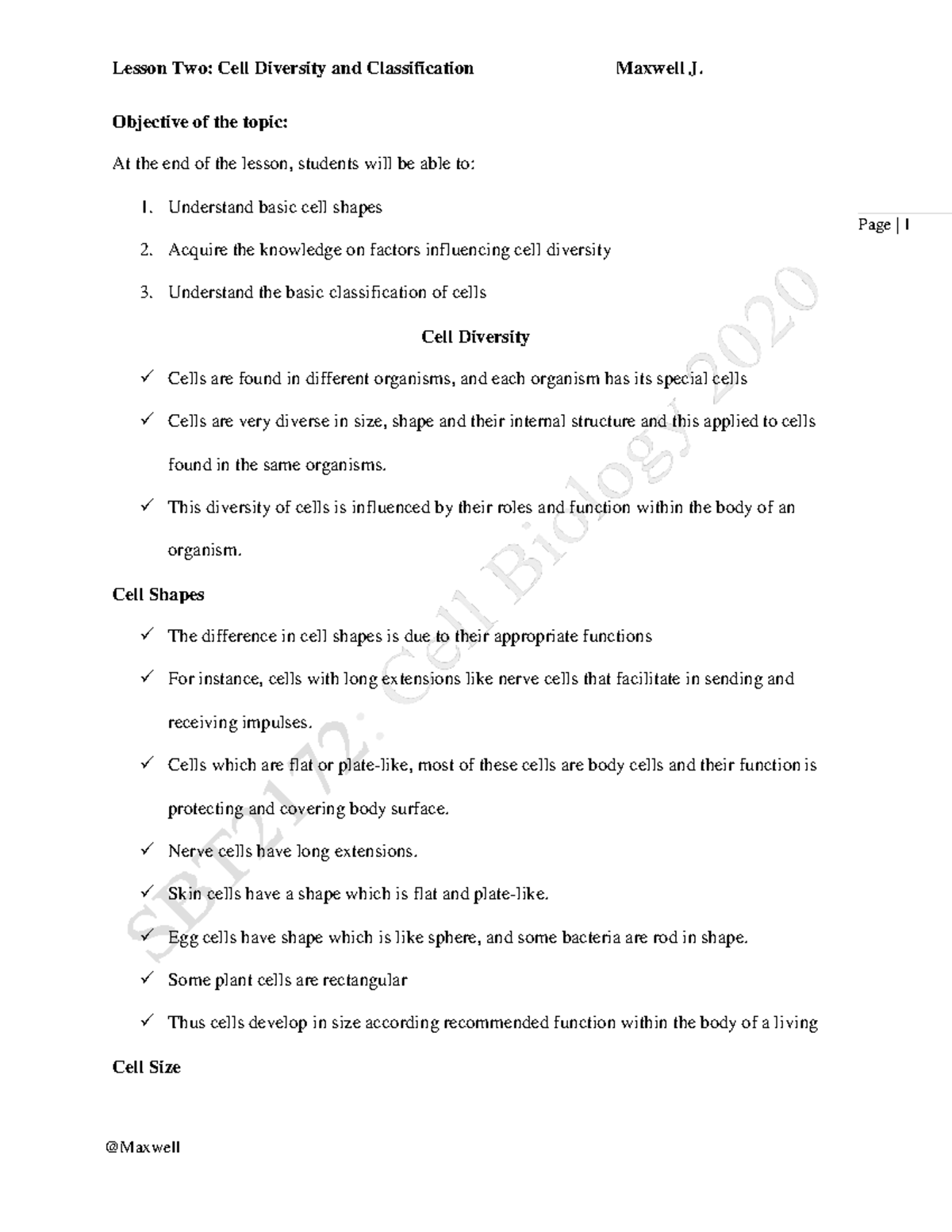 SBT-LEC 2 - Cell Biology notes made easier - Objective of the topic: At ...