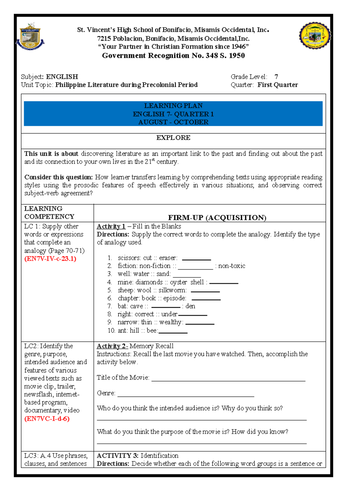 English 7- EFDT Learning PLAN - St. Vincent’s High School of Bonifacio ...