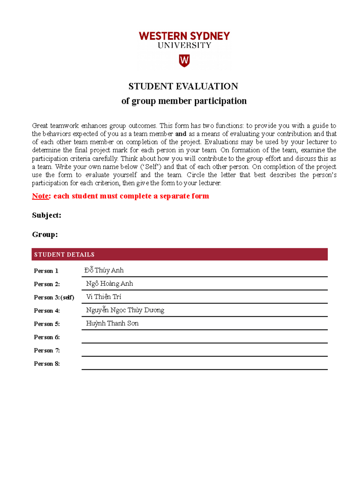 Peer Assessment Group 6 AEn-T222WSB-4 - STUDENT EVALUATION of group ...