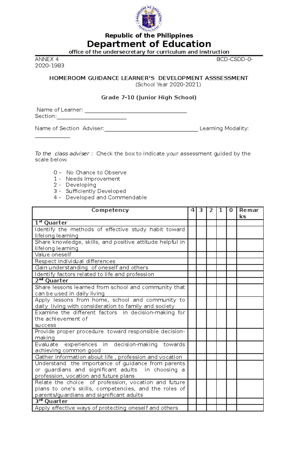 Annex 4 Tools IN Grade 7 10 - Republic of the Philippines Department of ...