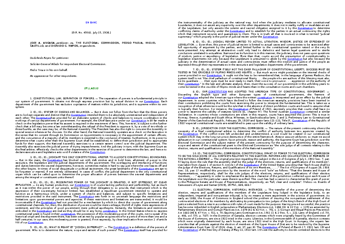ITL last cases - EN BANC [G. No. 45081. July 15, 1936.] JOSE A. ANGARA ...