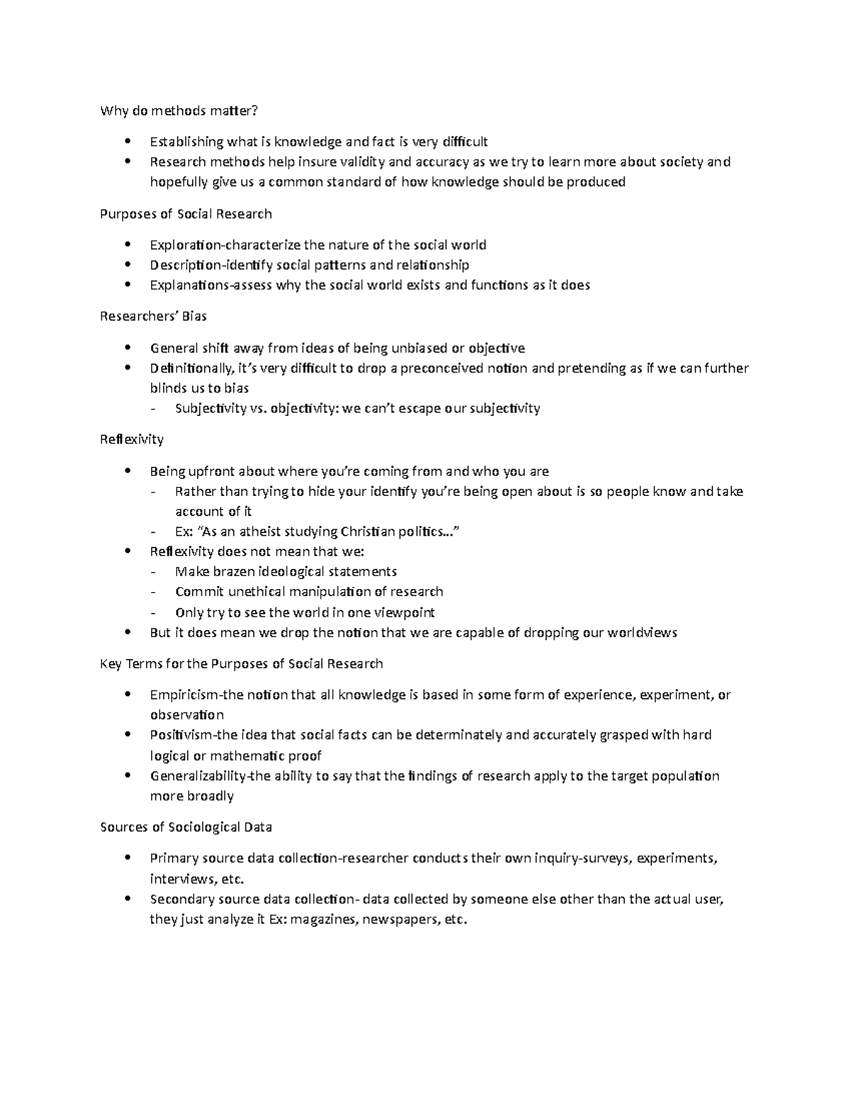 Week 3 Notes - Sam Smith Soc 1000 - Why Do Methods Matter? Establishing 