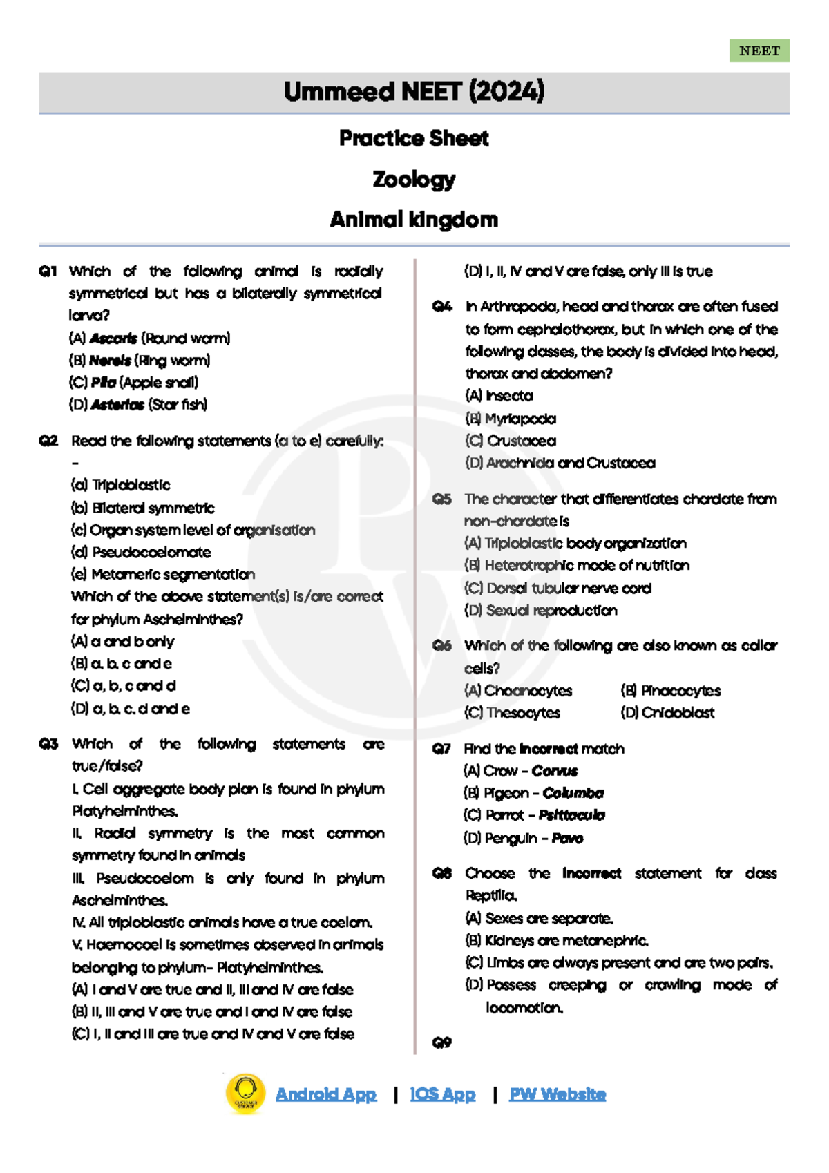 Animal Kingdom Practice Sheet - NEET Ummeed NEET (2024) Q 1 Which of ...