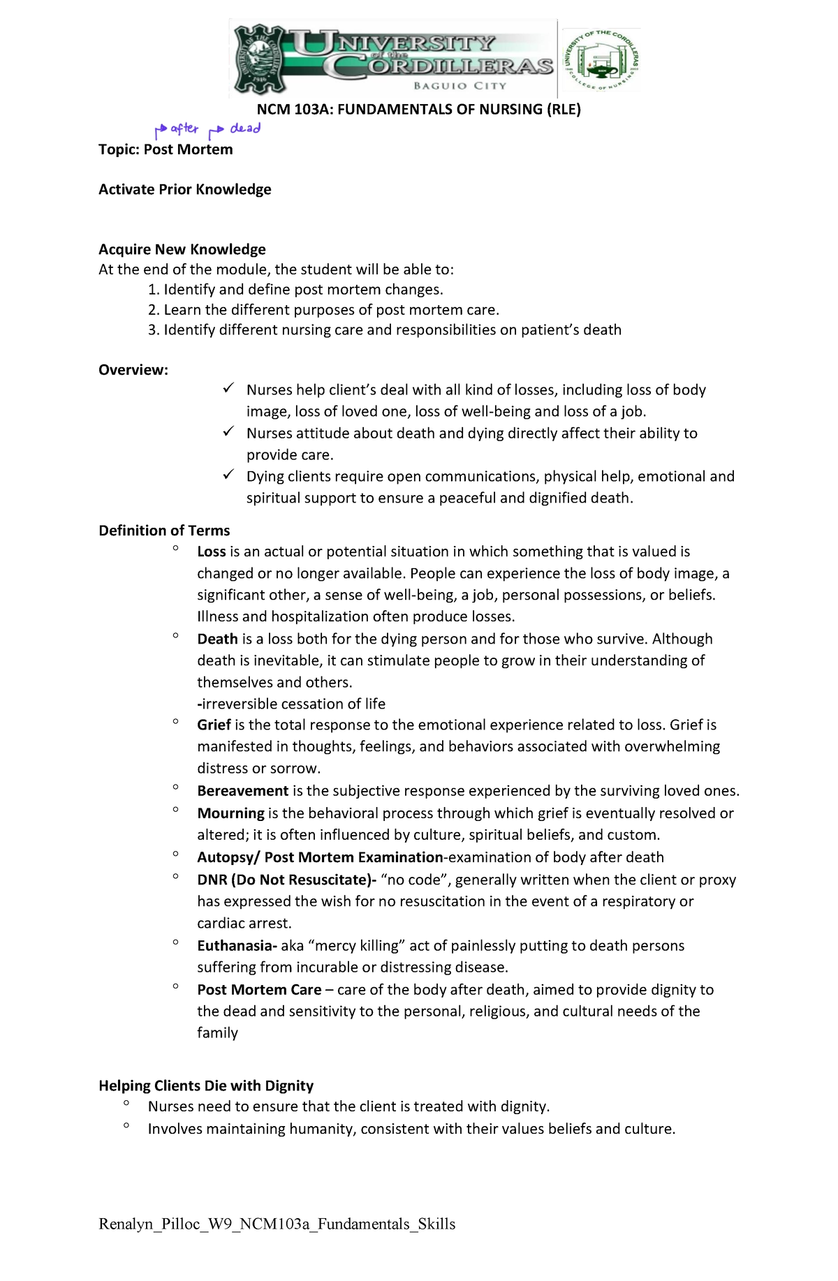 NCM 103a Prelim Module 9 Post Mortem - NCM 103A: FUNDAMENTALS OF ...