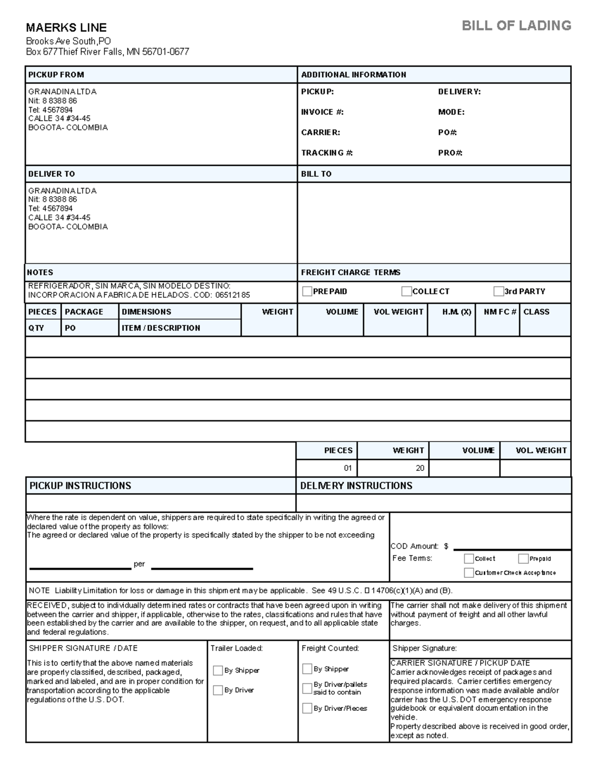 Bill Of Lading - kjhlkujhg - BILL OF LADING Brooks Ave South,PO Box ...