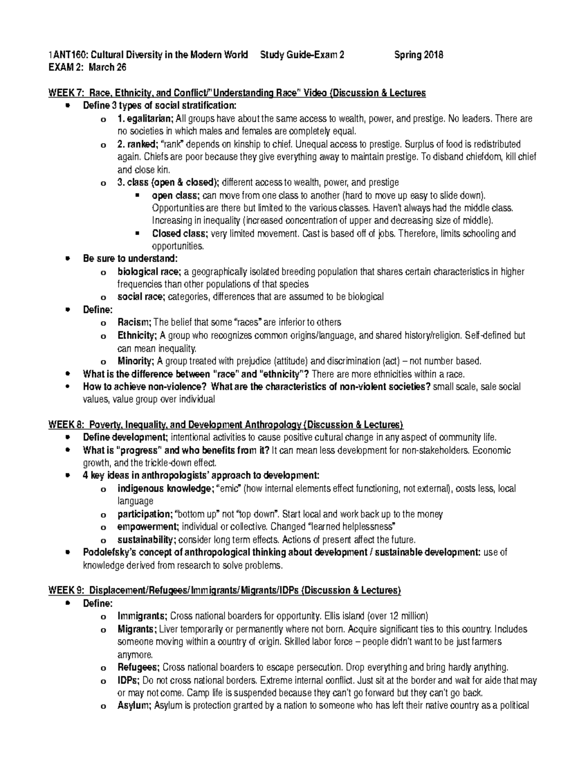 Study Guide for Exam 2 - 1 ANT160: Cultural Diversity in the Modern ...