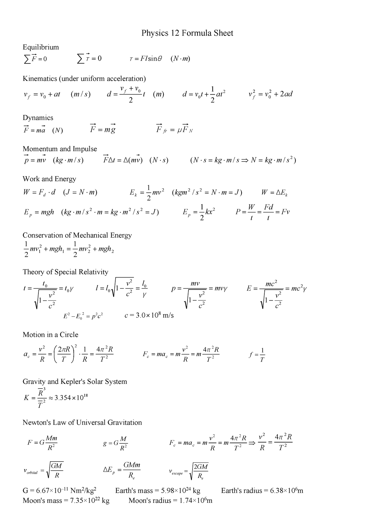 Phy131 Formula Sheet - Physics 12 Formula Sheet Equilibrium F 0 0 Fl ...