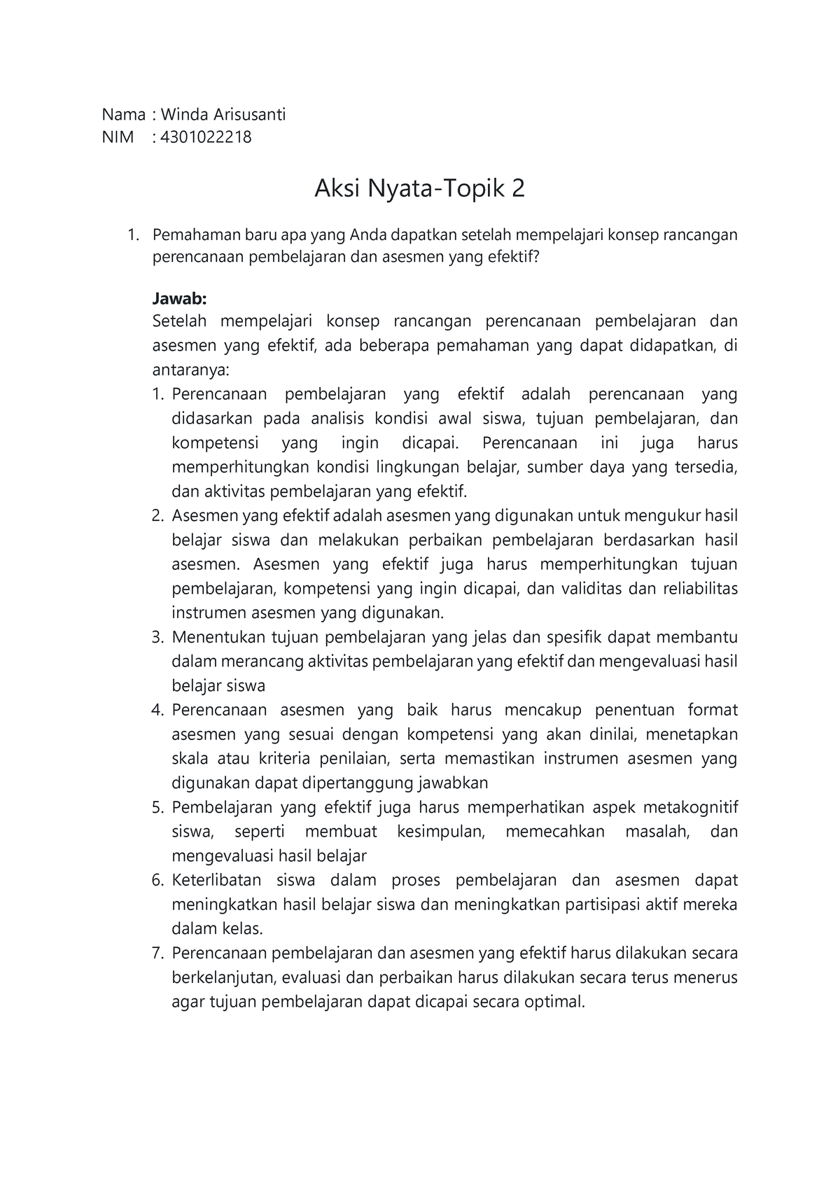 Aksi Nyata Topik 2 PPAE Nama Winda Arisusanti NIM 4301022218 Aksi