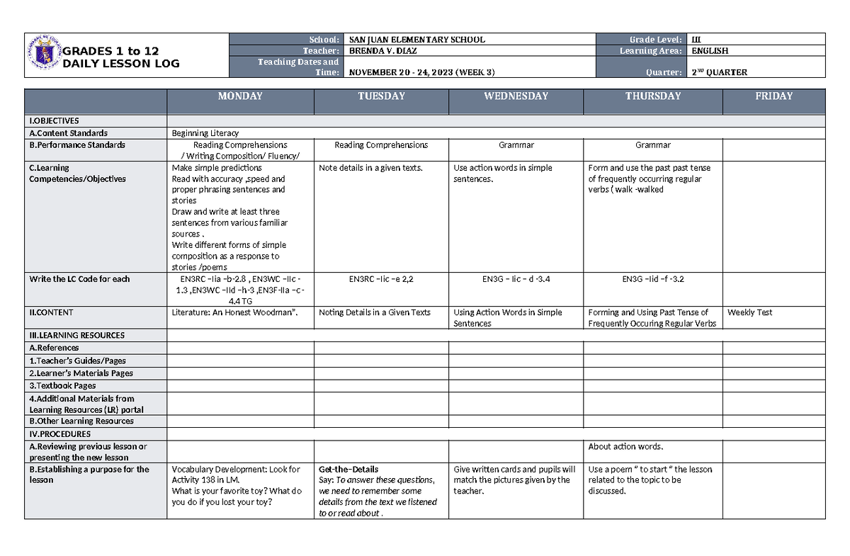 DLL English 3 Q2 W3 - STUDY NOTES - GRADES 1 to 12 DAILY LESSON LOG ...