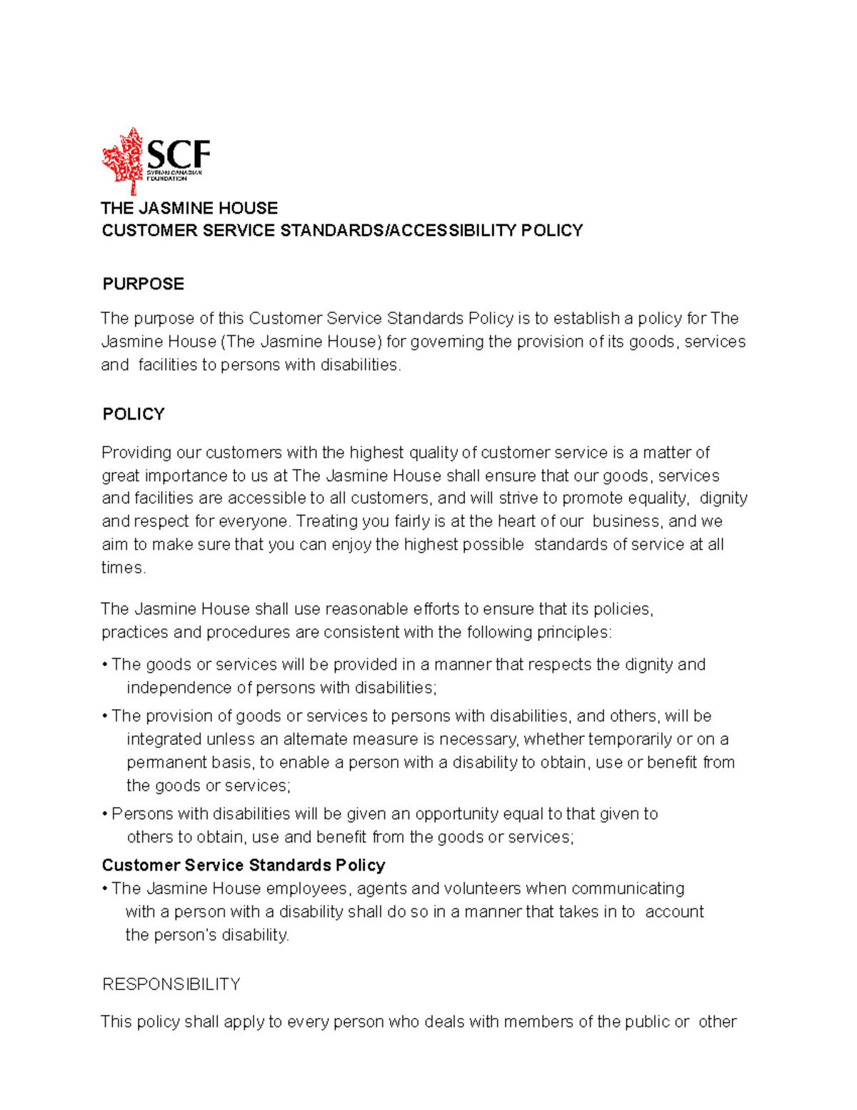 SCF - Client Standards Policy - THE JASMINE HOUSE CUSTOMER SERVICE ...